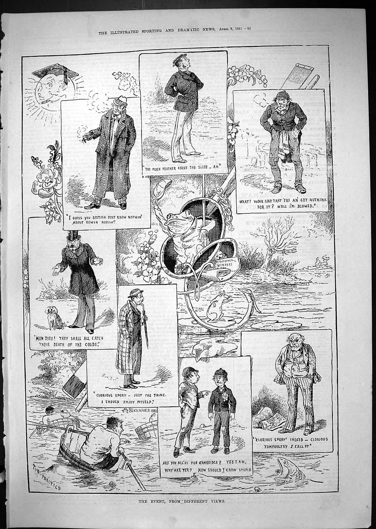 Antique Print 1881 Fishing Sport Oxford Cambridge Boat Race Comedy Sketches