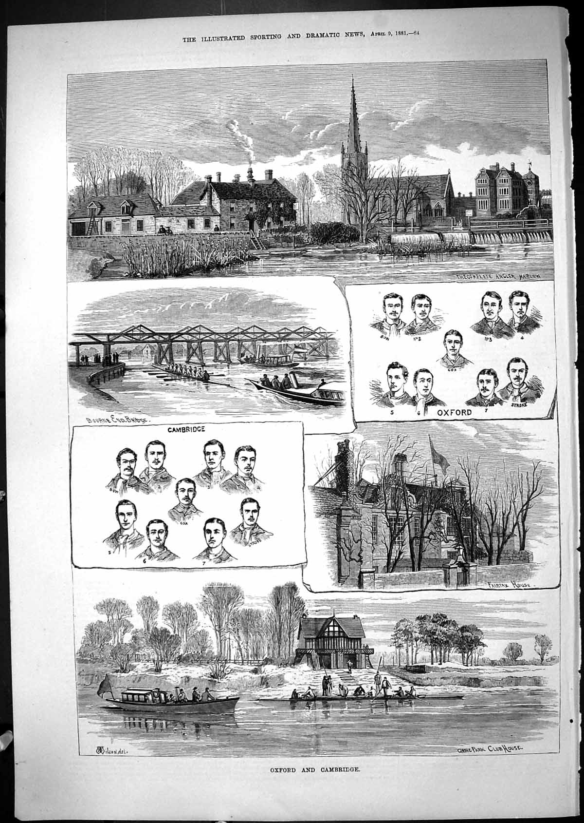 Old Oxford Cambridge Boat Race Crews Grove Park Clubhouse Bourne 1881 Victorian