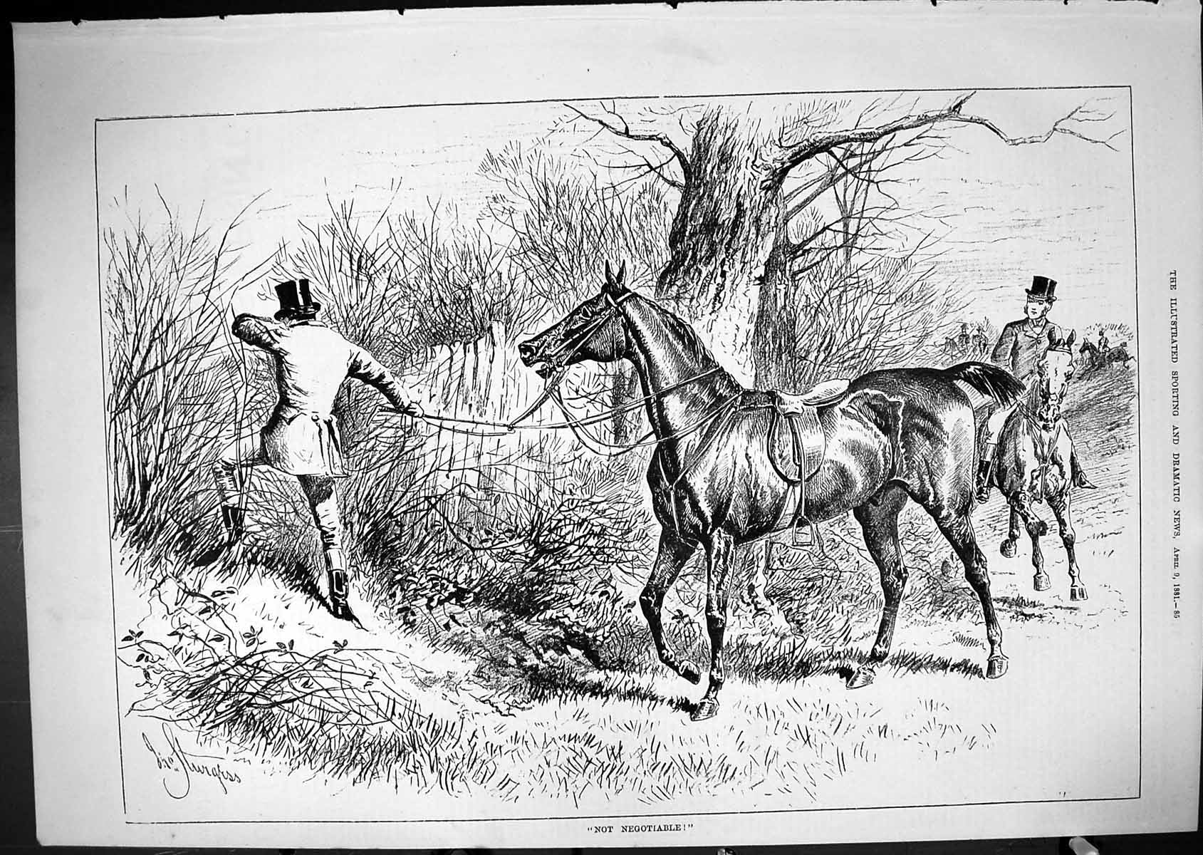Old Antique Print 1881 Hunting Horses Huntsmen Not Negotiable Sport Hedge 19th