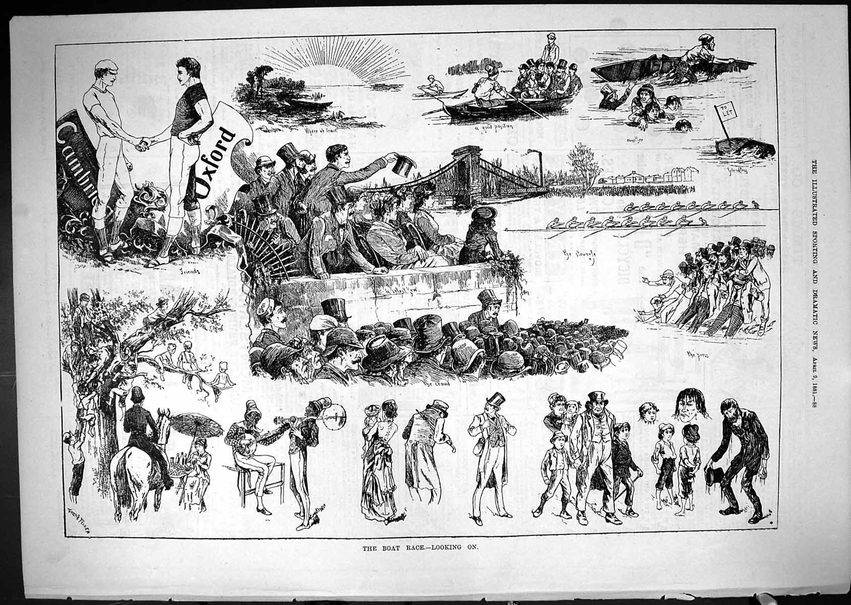 Antique Old Print 1881 Boat Race Spectators Oxford Cambridge University Sport