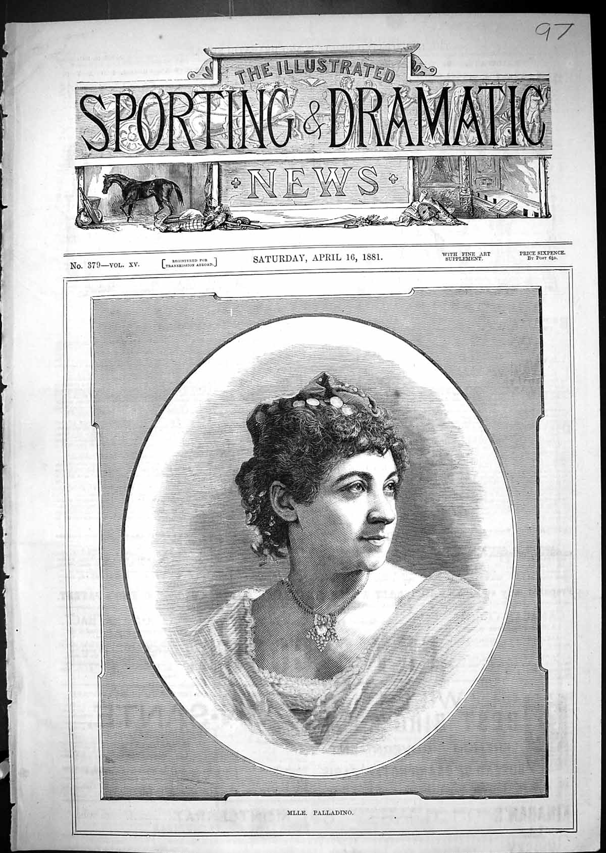 Original Old Antique Print Portrait Mlle. Palladino Beautiful Woman 1881 19th