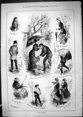 Original Old Antique Print 1881 April Showers Romance Transport Umbrellas 19th