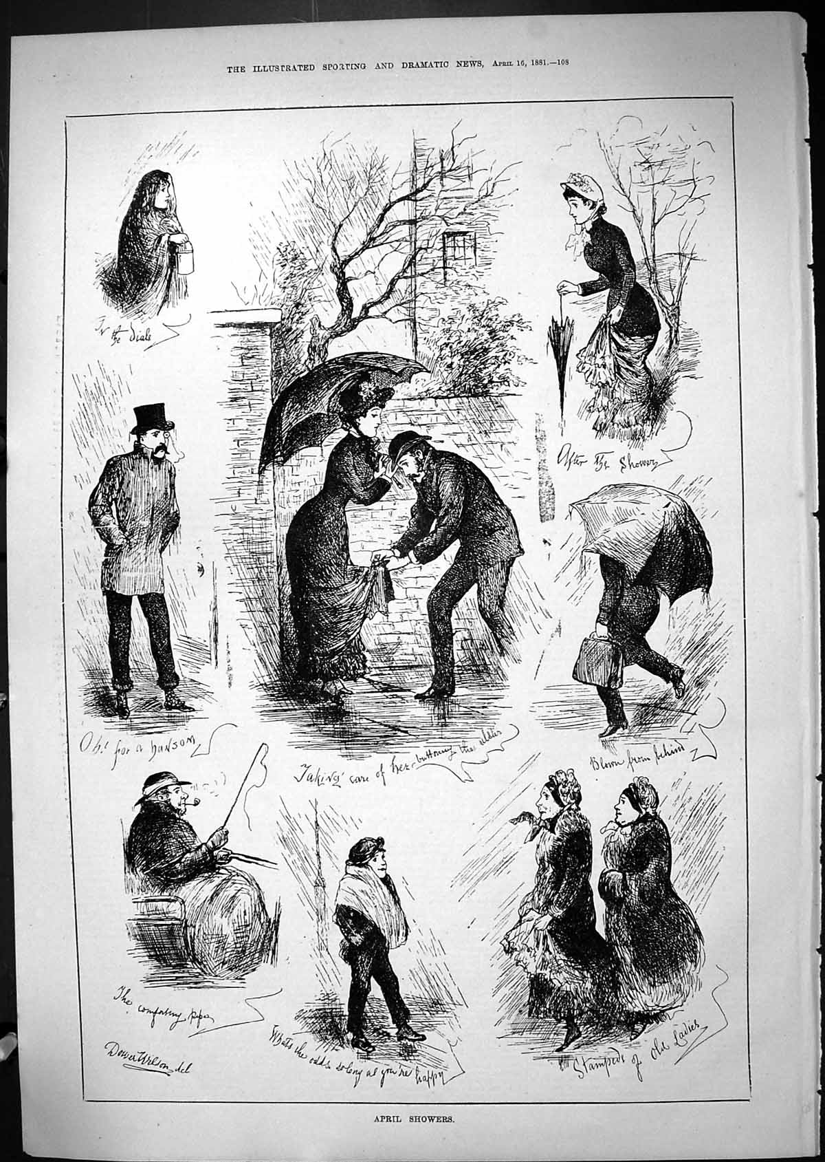 Original Old Antique Print 1881 April Showers Romance Transport Umbrellas 19th