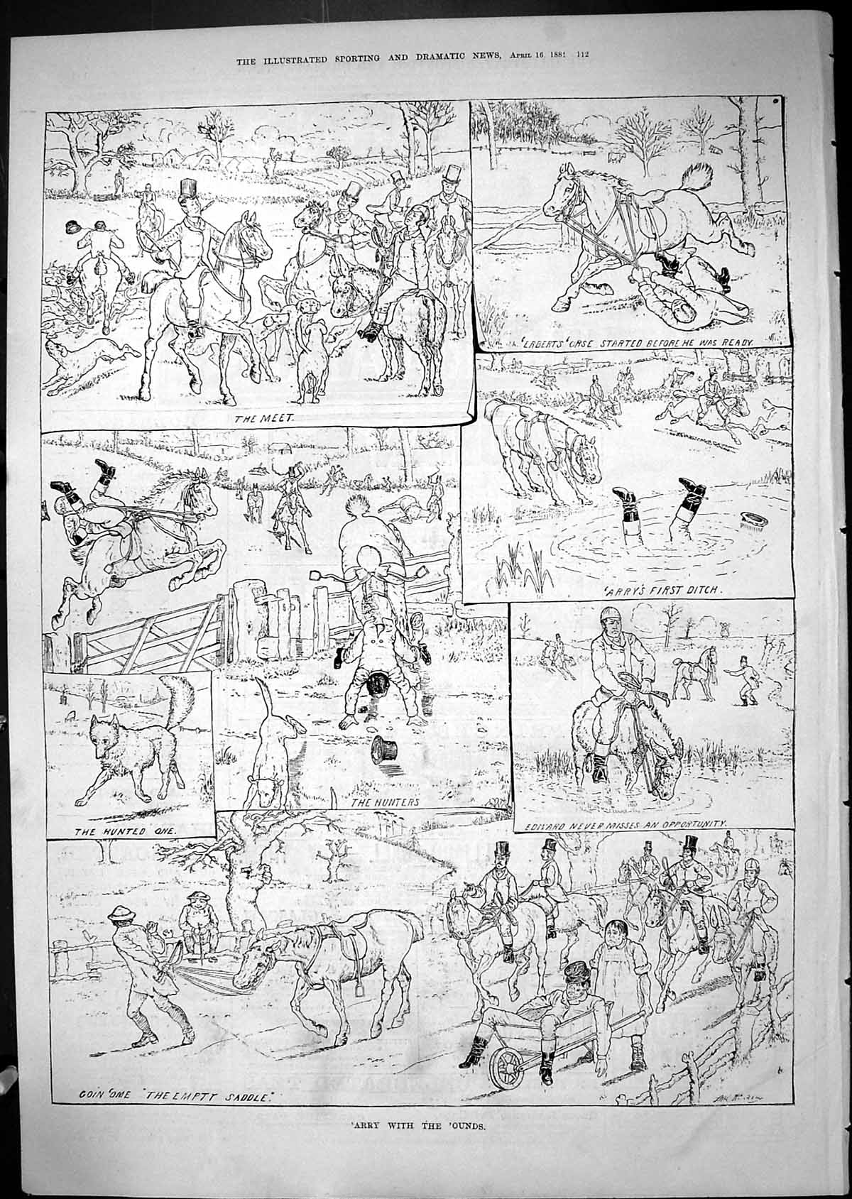 Old Print 1881 Hunting Comedy Sketch Harry Herbert Edward Huntsmen Horses 19th
