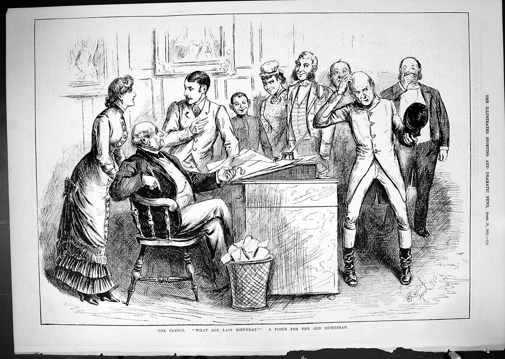 Original Old Antique Print 1881 Census Poster Huntsman Office Desk Men Meeting