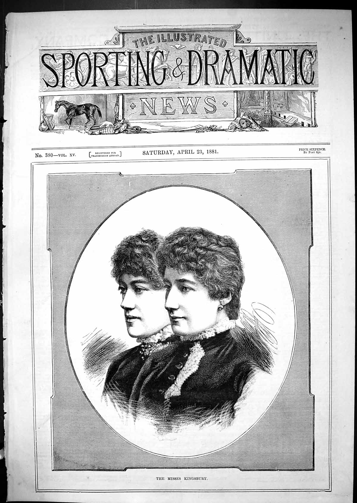 Original Old Antique Print 1881 Portrait Misses Kingsbury Beautiful Women 19th