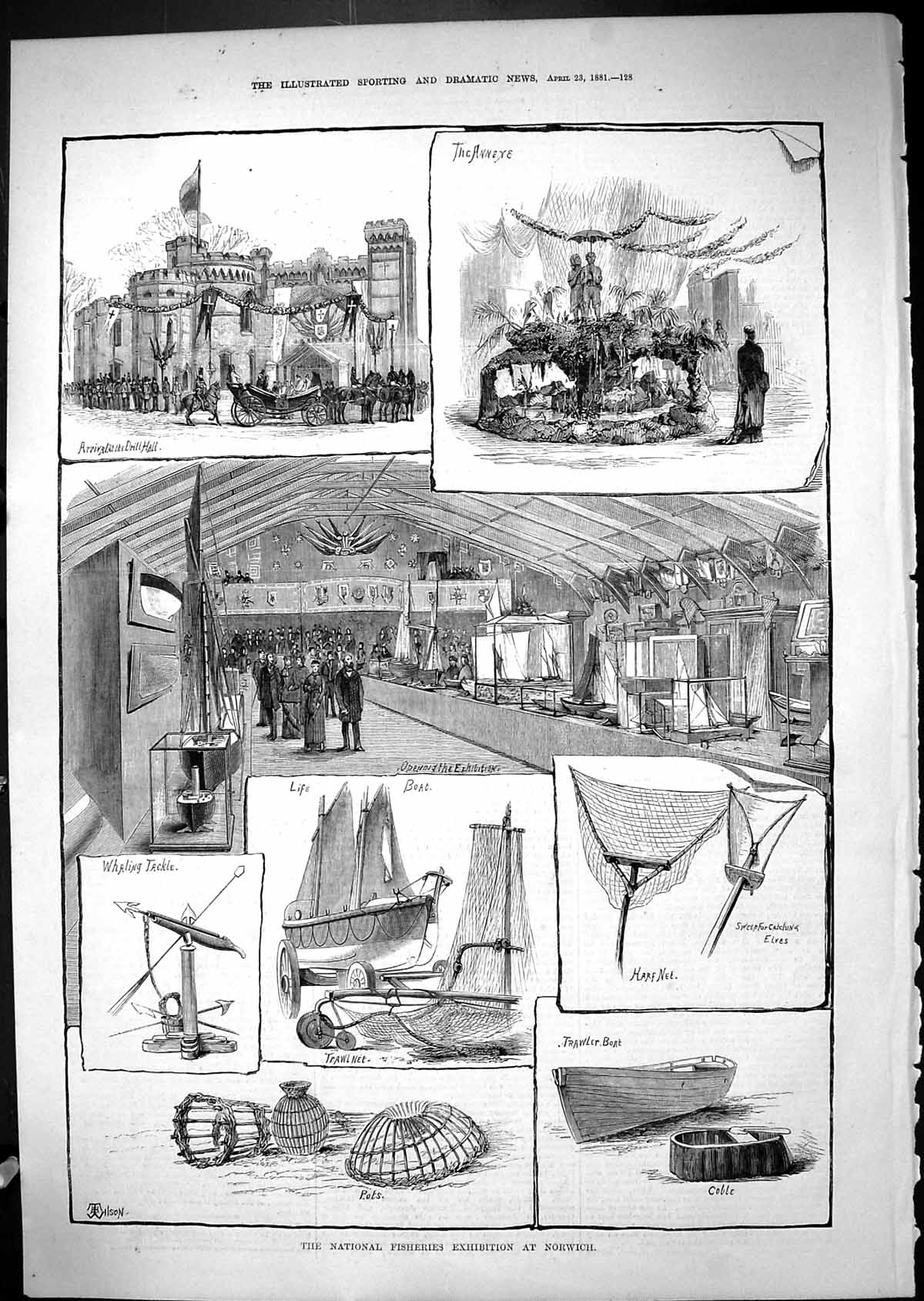 Antique Print National Fisheries Exhibition Norwich Trawler Boat Nets 1881 19th