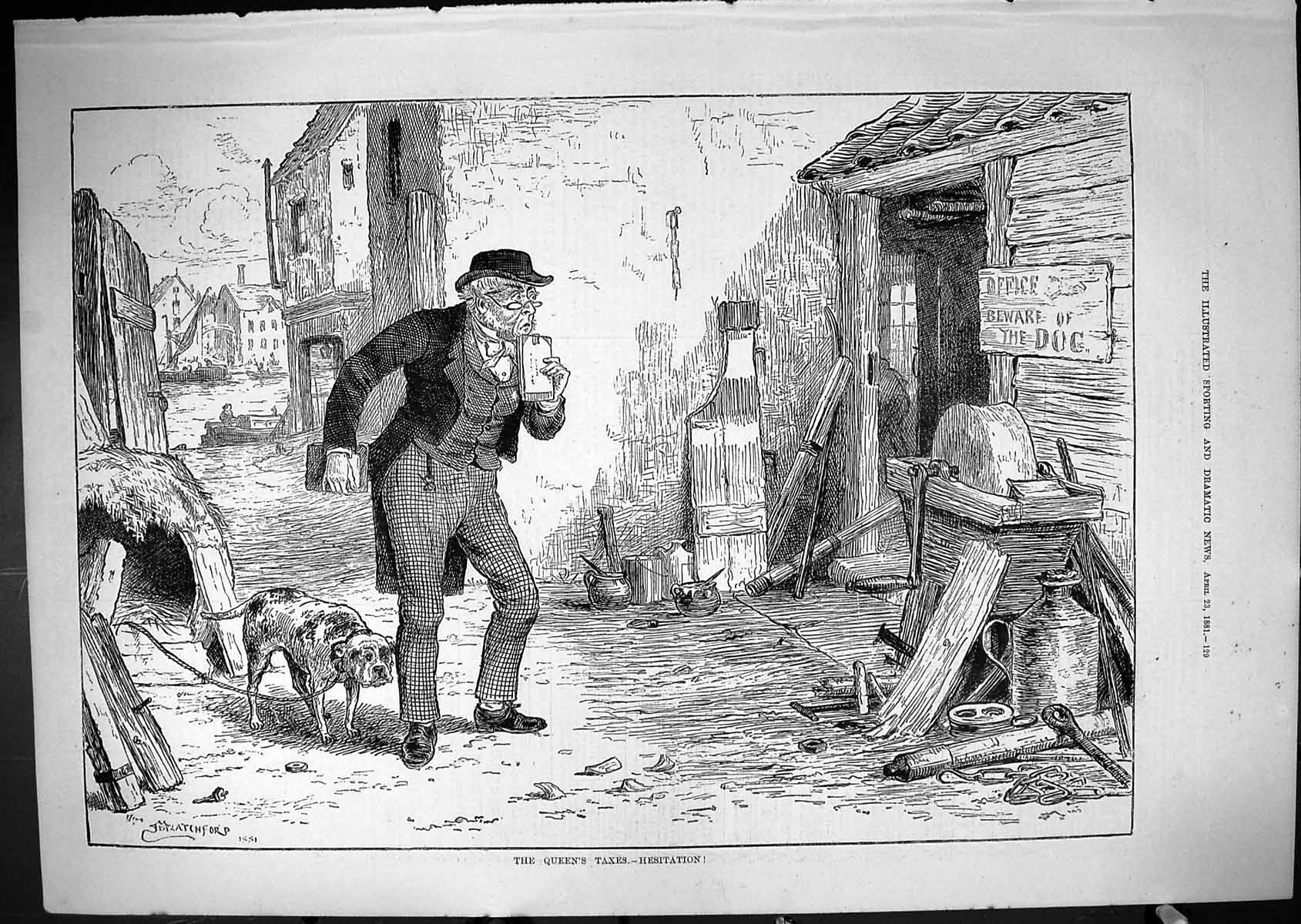 Old Print 1881 Queen'S Taxes Hesitation Office Beware The Dog Blacksmith 19th