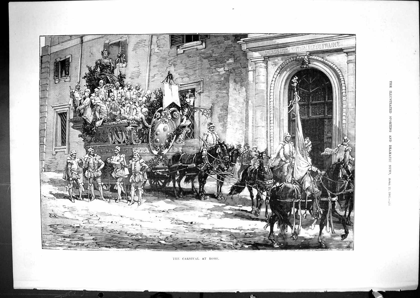 Old Antique Print 1881 Carnival Rome Entertainment Italy Horses Carriage 19th