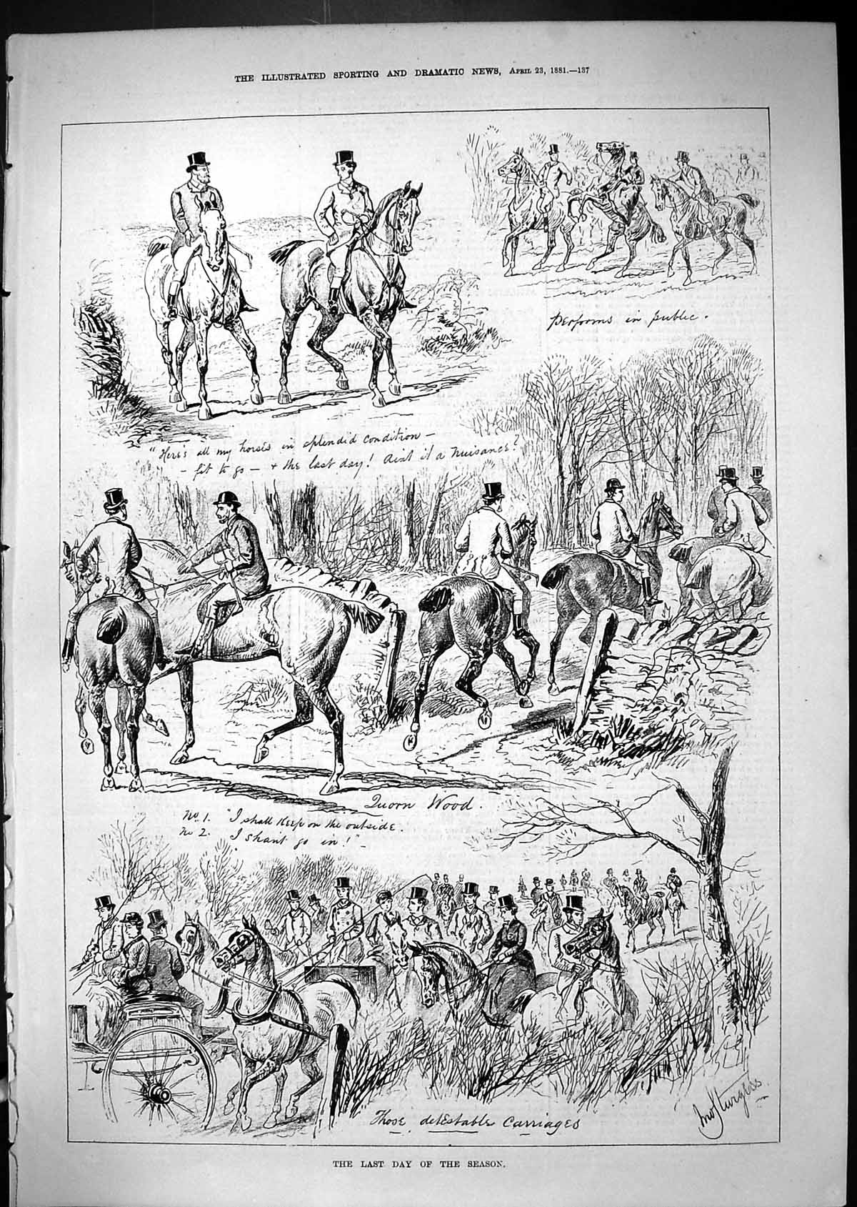 Old Antique Print 1881 Last Day Hunting Season Horses Huntsmen Quorn Wood 19th