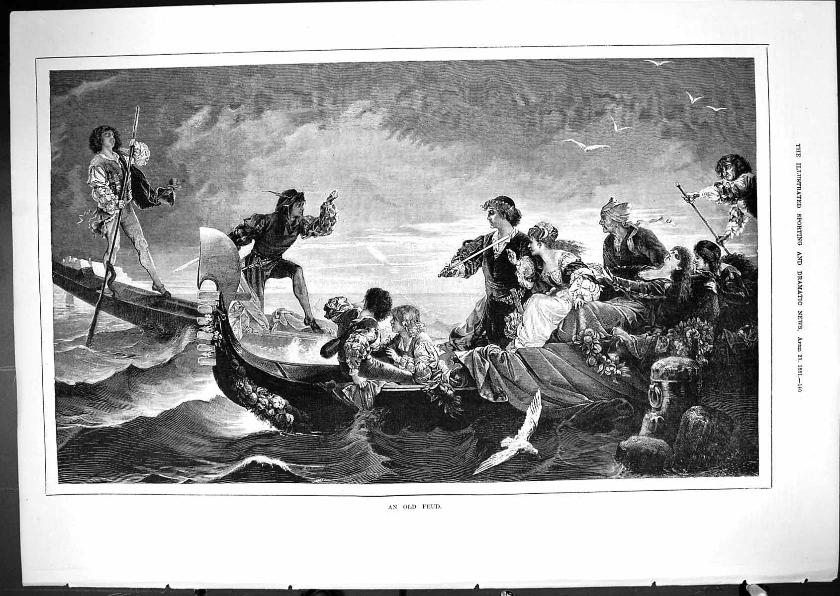 Original Old Antique Print 1881 Feud Sea Boat Swords Women Flowers Birds 19th