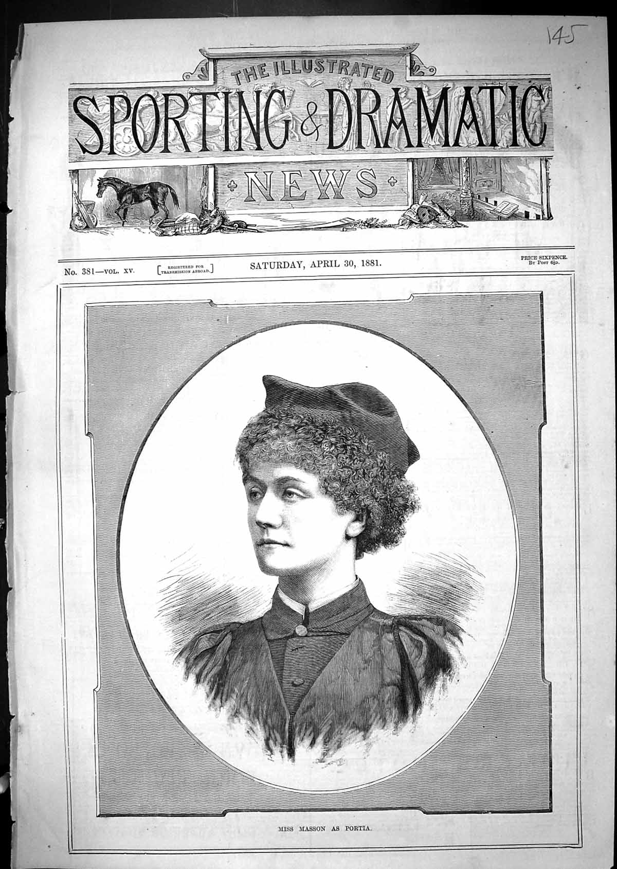 Original Old Antique Print Portrait Miss Masson Portia Beautiful Woman 1881