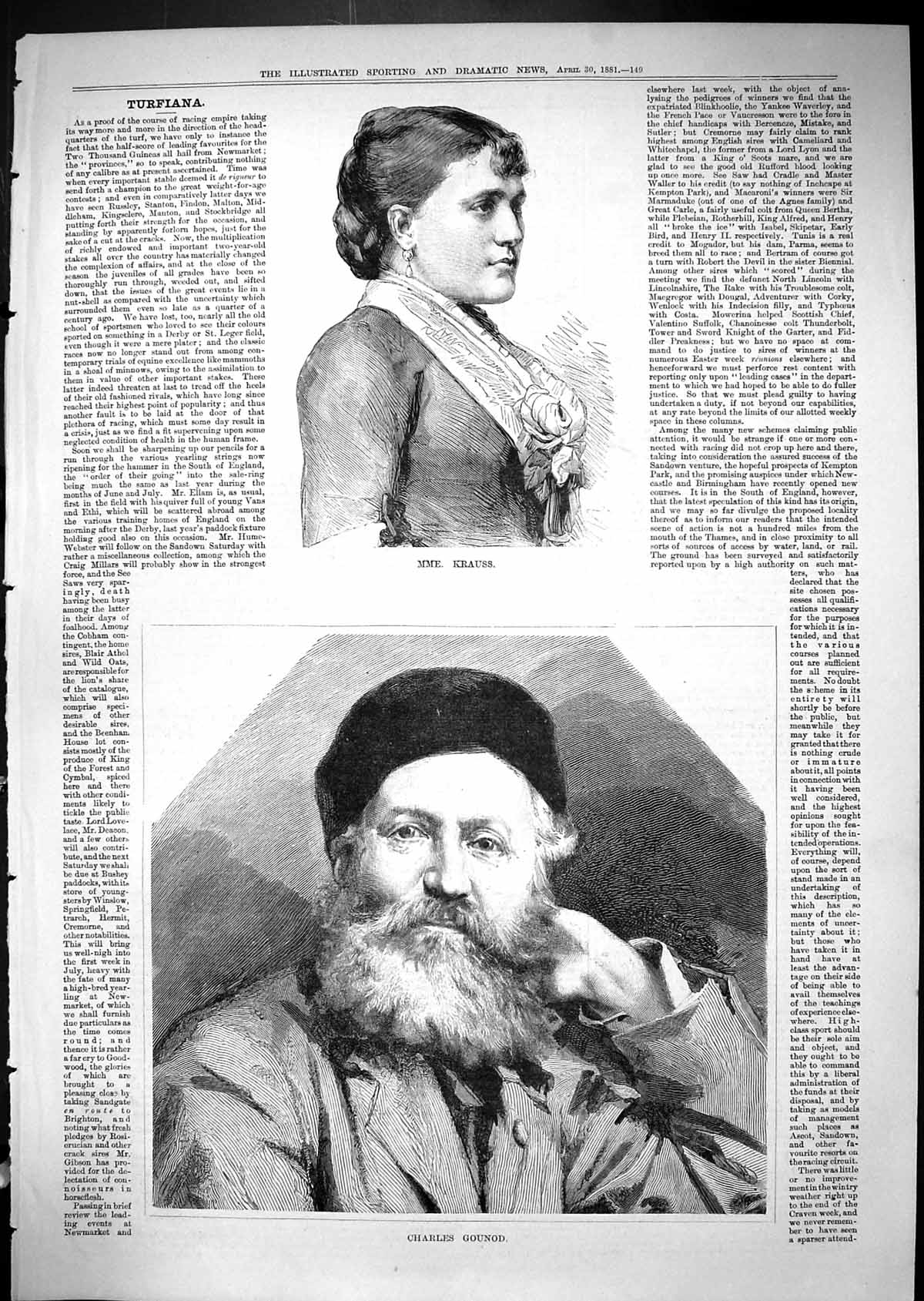 Antique Old Print 1881 Portrait Mme. Krauss Beautiful Woman Charles Gounod 19th