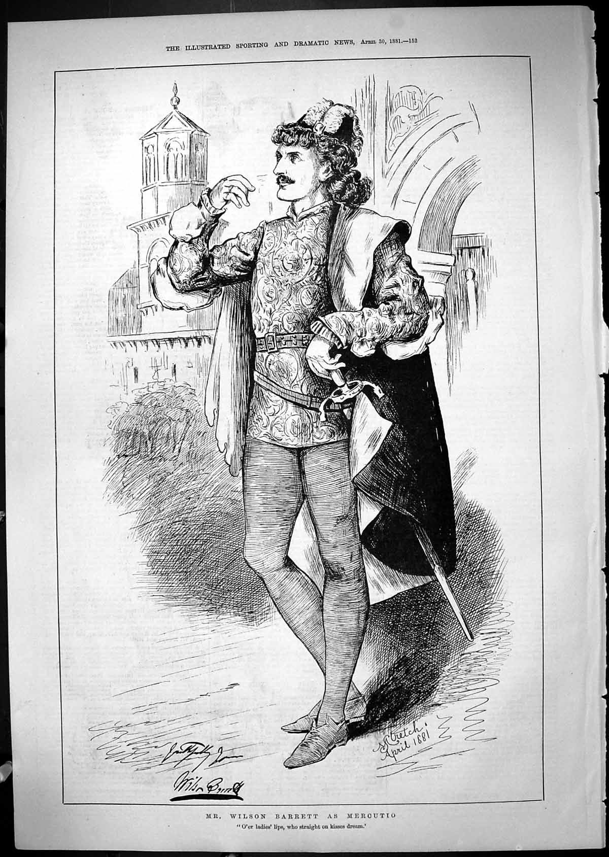 Old Antique Print 1881 Portrait Mr Wilson Barrett Mercutio Theatre Actor 19th