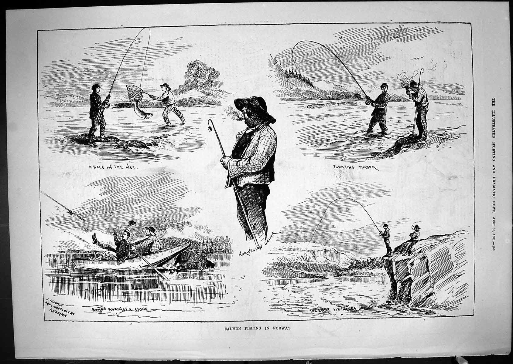 Old Antique Print 1881 Salmon Fishing Norway River Boat Angling Fishermen 19th