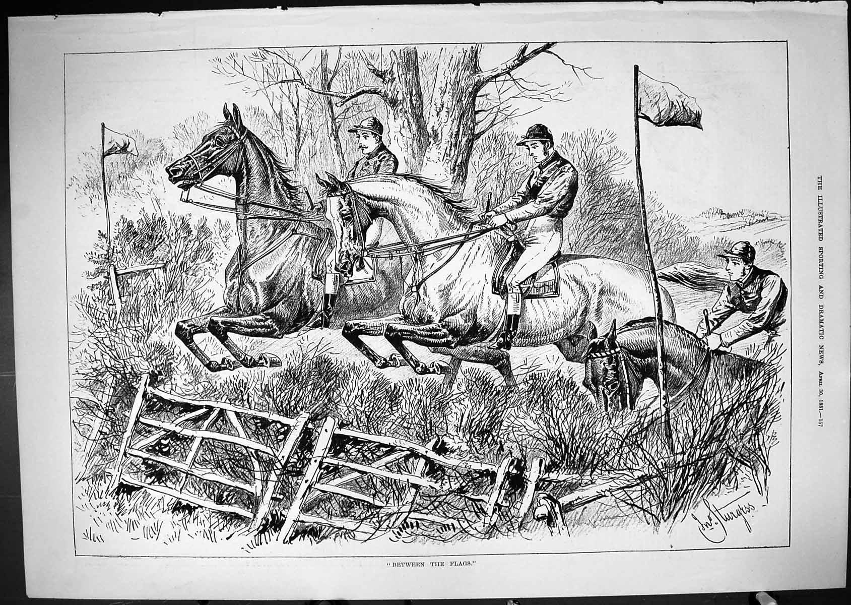 Antique Old Print 1881 Between The Flags Horse Racing Jockeys Sport Jumping