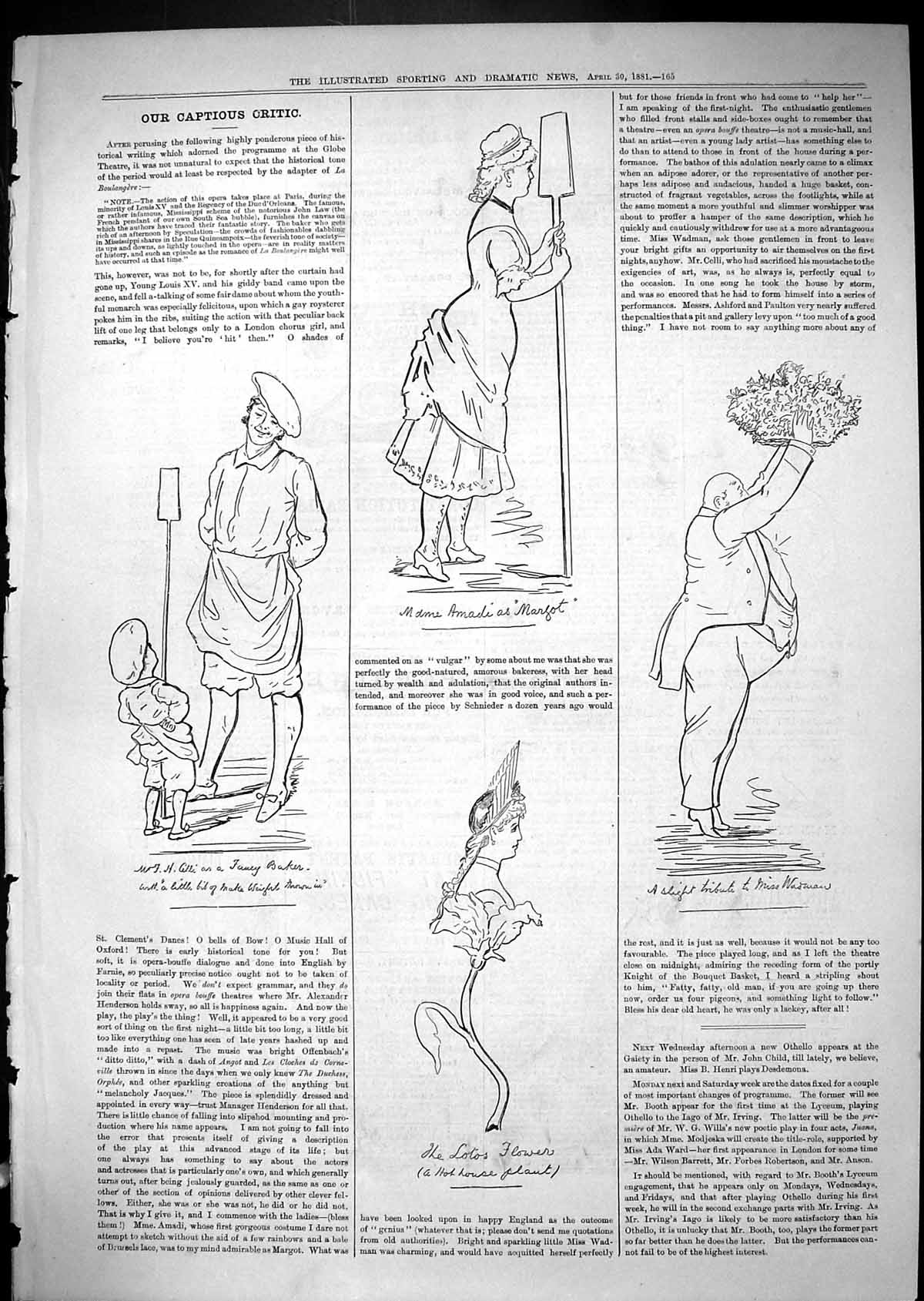 Old Antique Print 1881 Theatre Captious Critic Margot Lotos Flower Actors 19th