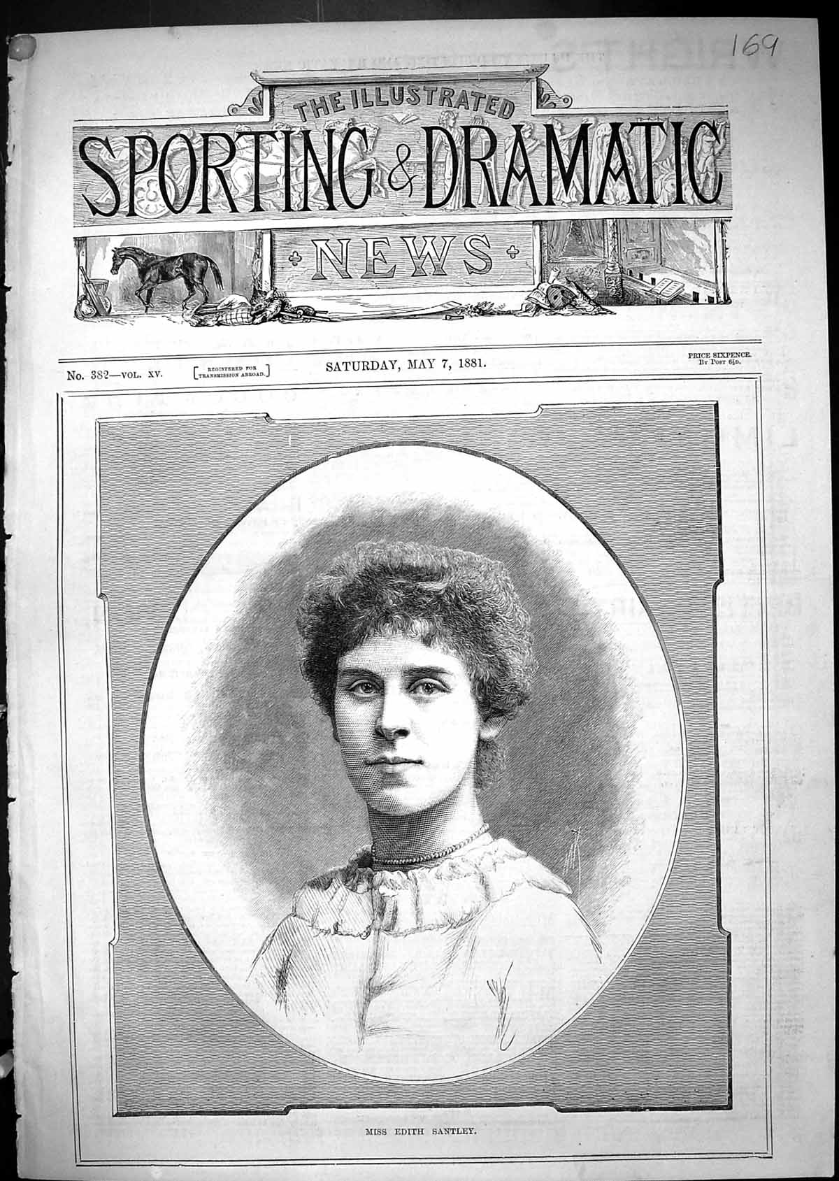 Original Old Antique Print 1881 Portrait Miss Edith Santley Beautiful Woman