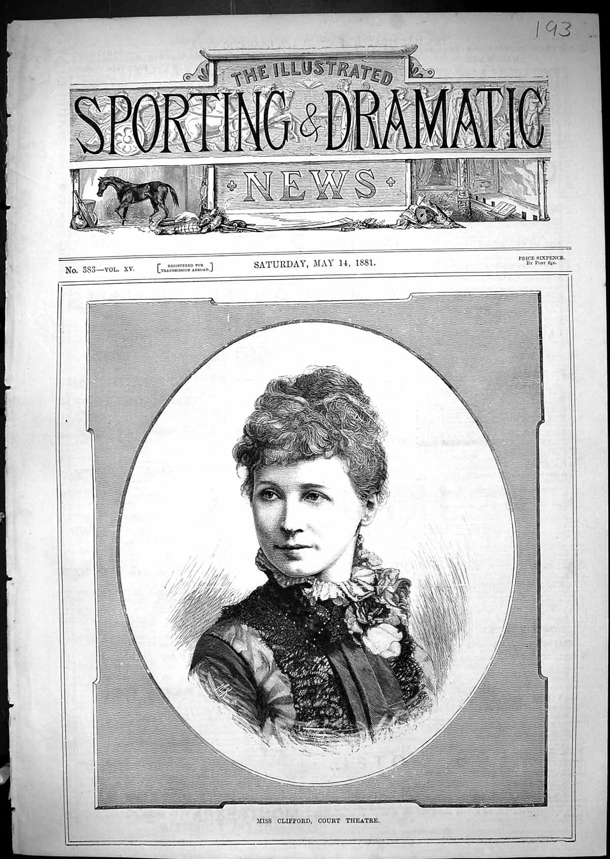 Antique Old Print Portrait Miss Clifford Court Theatre Beautiful Woman 1881