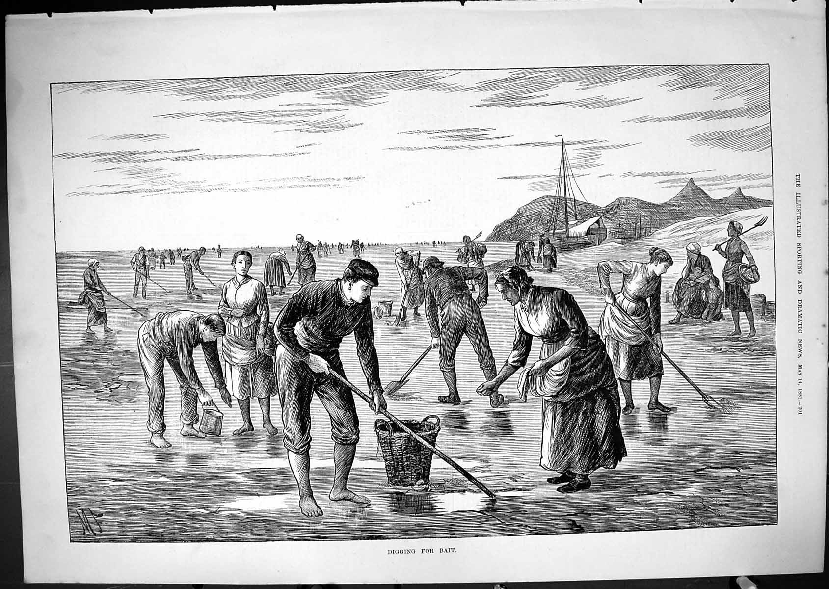 Original Old Antique Print Beach Scene Digging Bait Fishing Fishermen 1881 19th