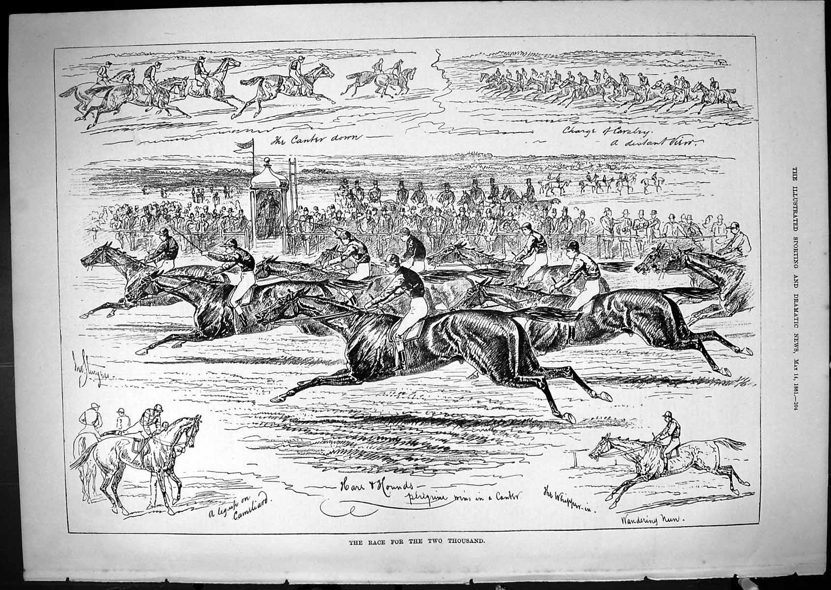Original Old Antique Print Horse Racing Two Thousand Hare Hounds Sport 1881