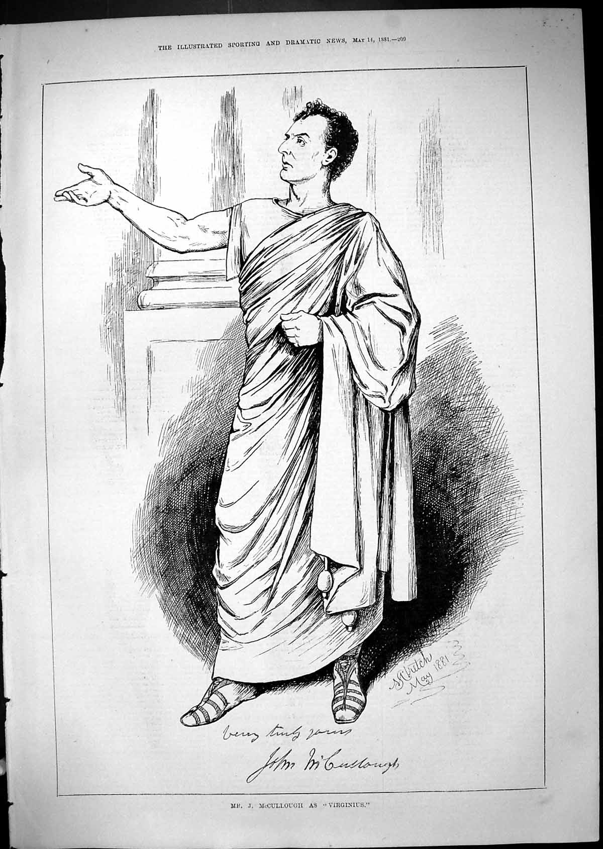 Original Old Antique Print Portrait Mr Mccullough Virginius Theatre Actor 1881