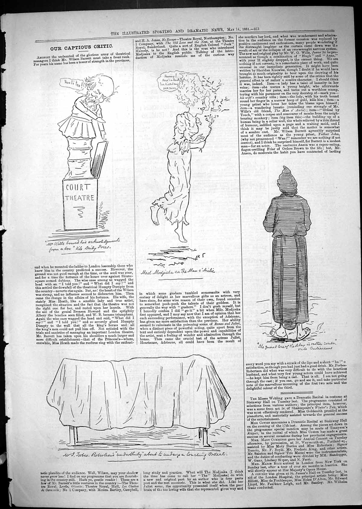 Original Old Antique Print Court Theatre Captious Critic Forbes Robertson 1881