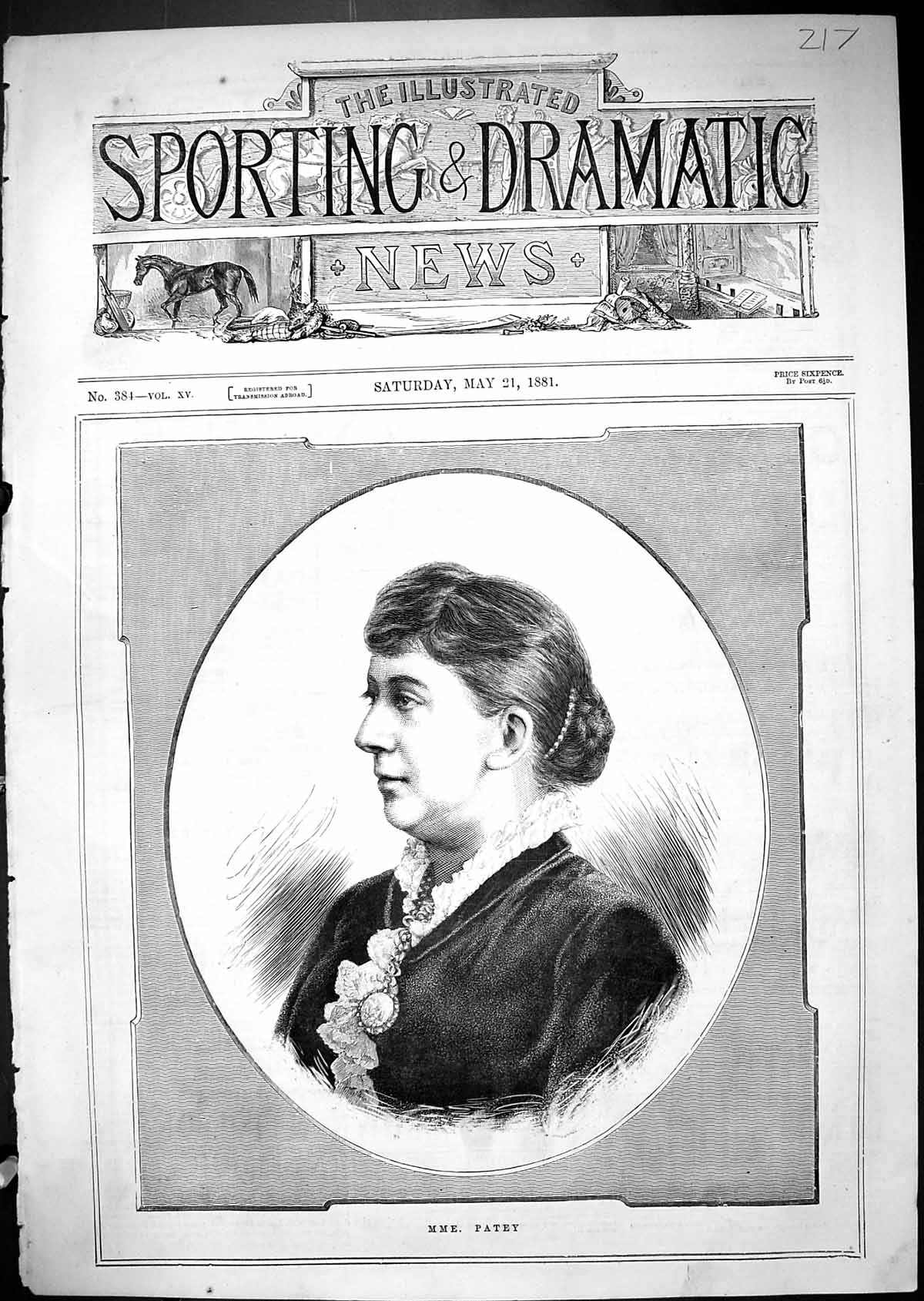 Original Old Antique Print Portrait Mme. Patey Beautiful Woman 1881 Victorian