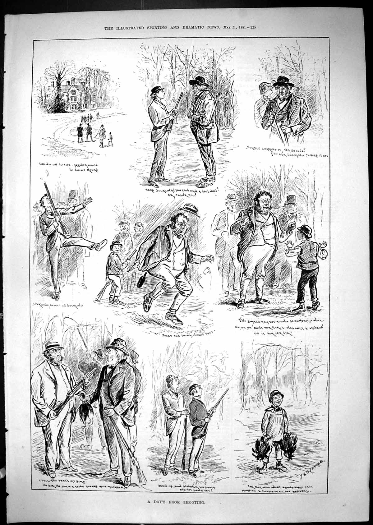 Original Old Antique Print Day Rook Shooting Birds Hunting Sport 1881 Victorian
