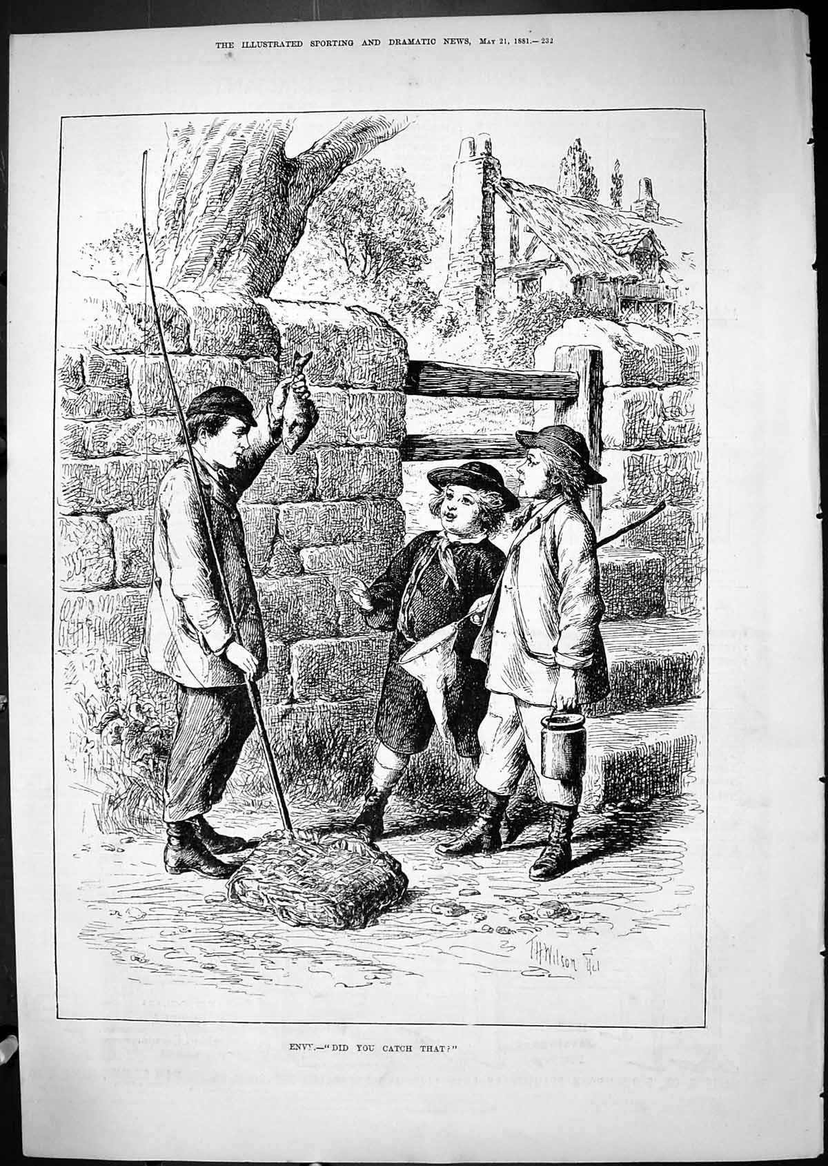 Antique Old Print 1881 Fishing Envy Did You Catch That Children Angling Fish