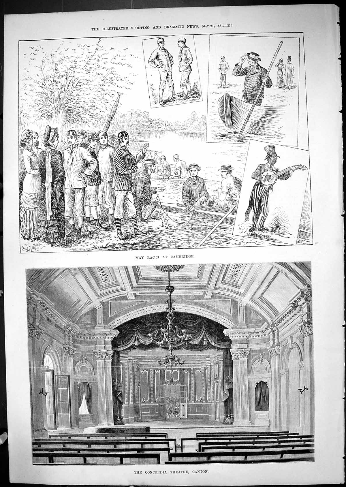 Antique Print Concordia Theatre Canton China 1881 May Boat Races Cambridge 19th