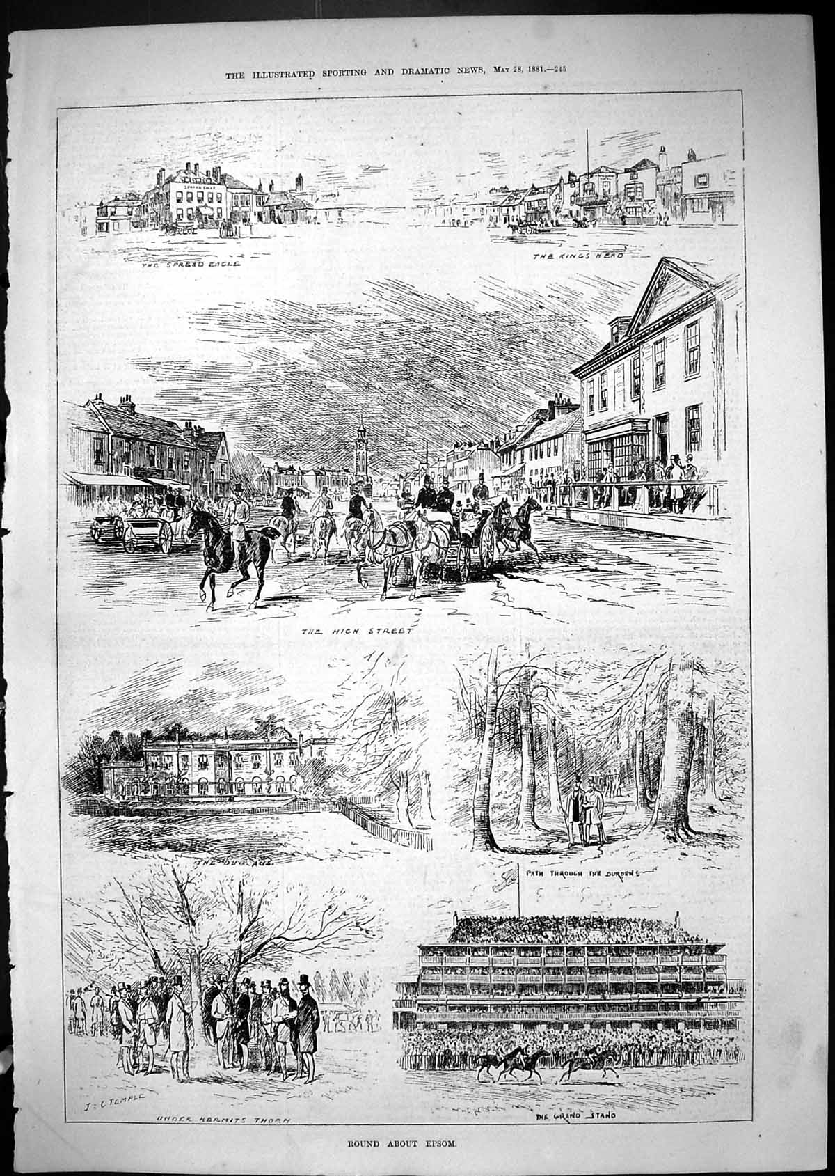 Old 1881 Epsom Horse Racing Sport Grand Stand Spread Eagle Kings Head Victorian