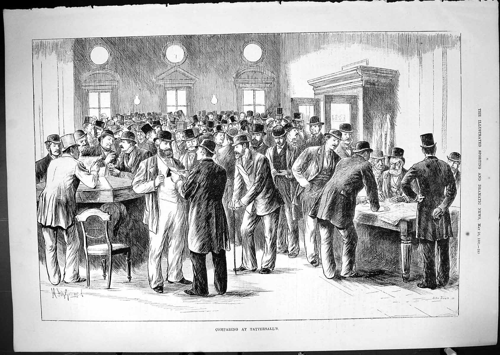 Original Old Antique Print 1881 Men Comparing Tattersall'S Horse Sale Victorian