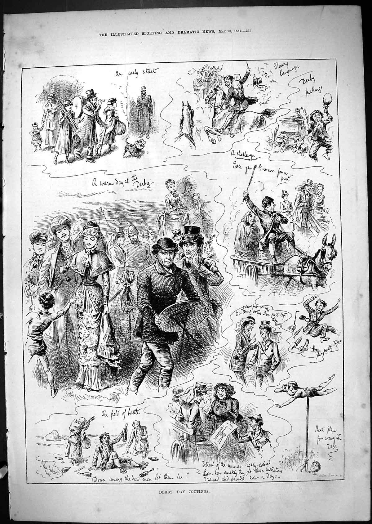 Original Old Antique Print Derby Day Sketches Horse Racing Sport 1881 Victorian