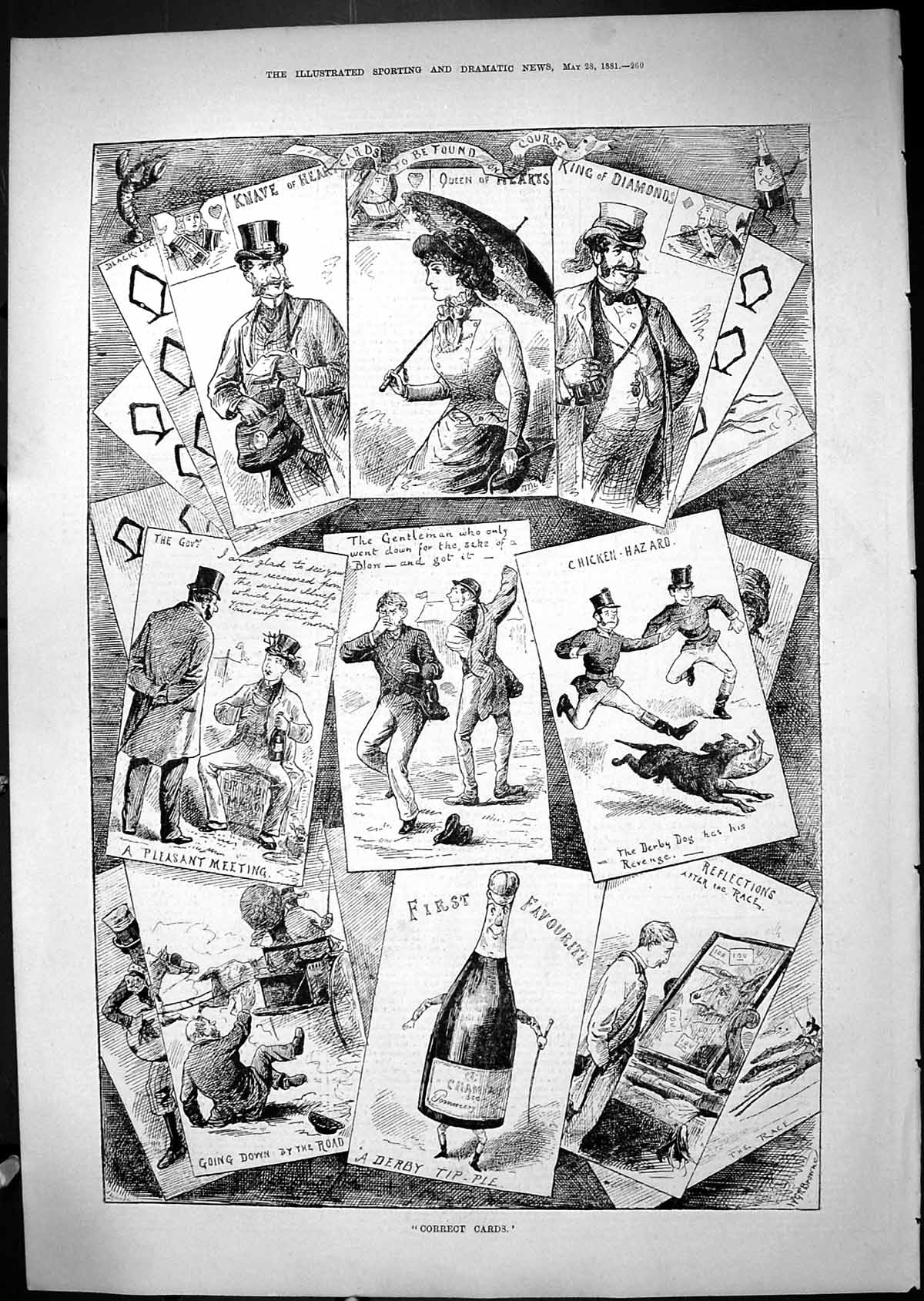 Antique Old Print 1881 Correct Cards Knave Hearts Derby Dog Chicken Comedy 19th