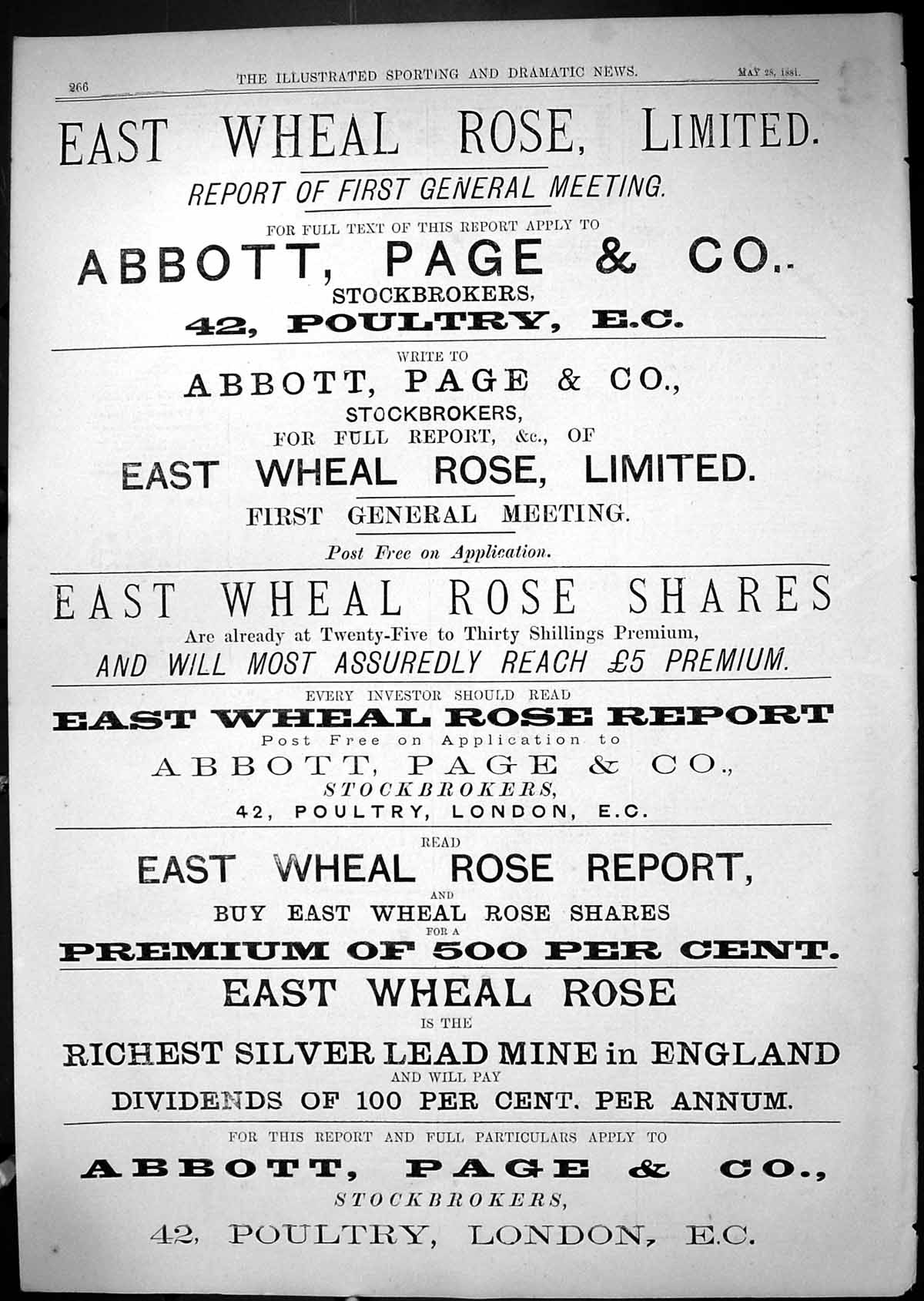 Antique Old Print Advertisement Abbott Page Stockbrokers Poultry London 1881