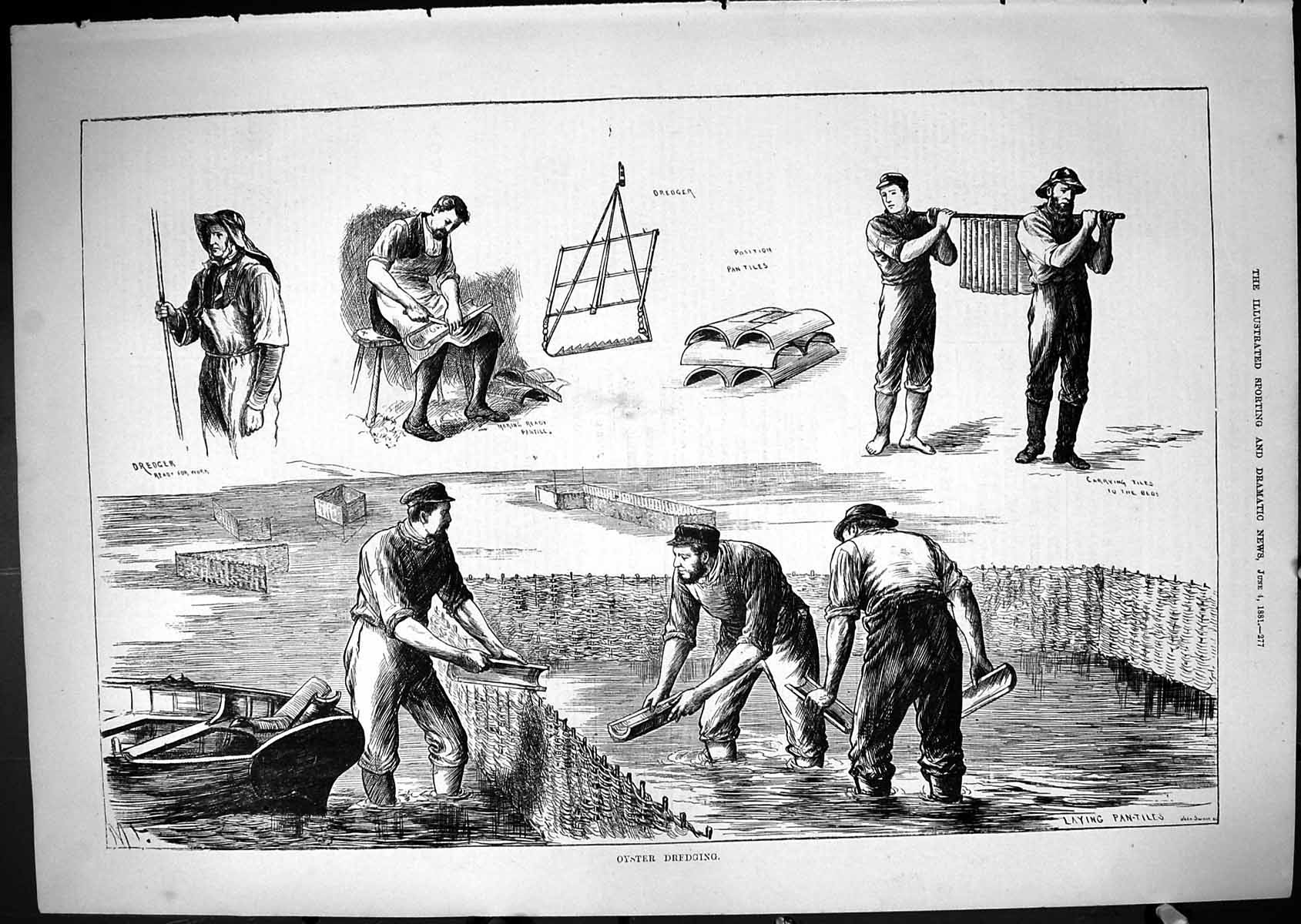 Original Old Antique Print 1881 Oyster Dredging Pan Tiles Laying Pan-Tiles 19th