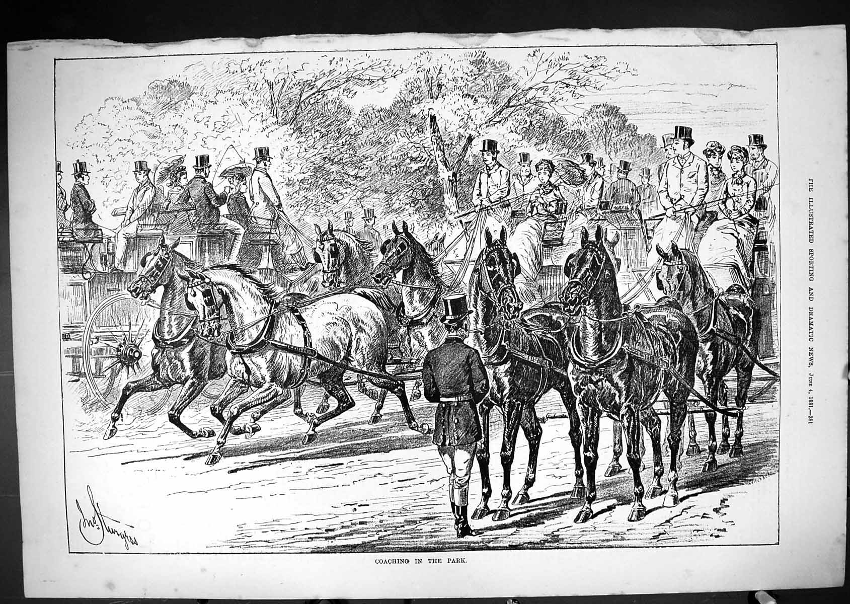 Original Old Antique Print Horses Coaching Park Transport 1881 19th