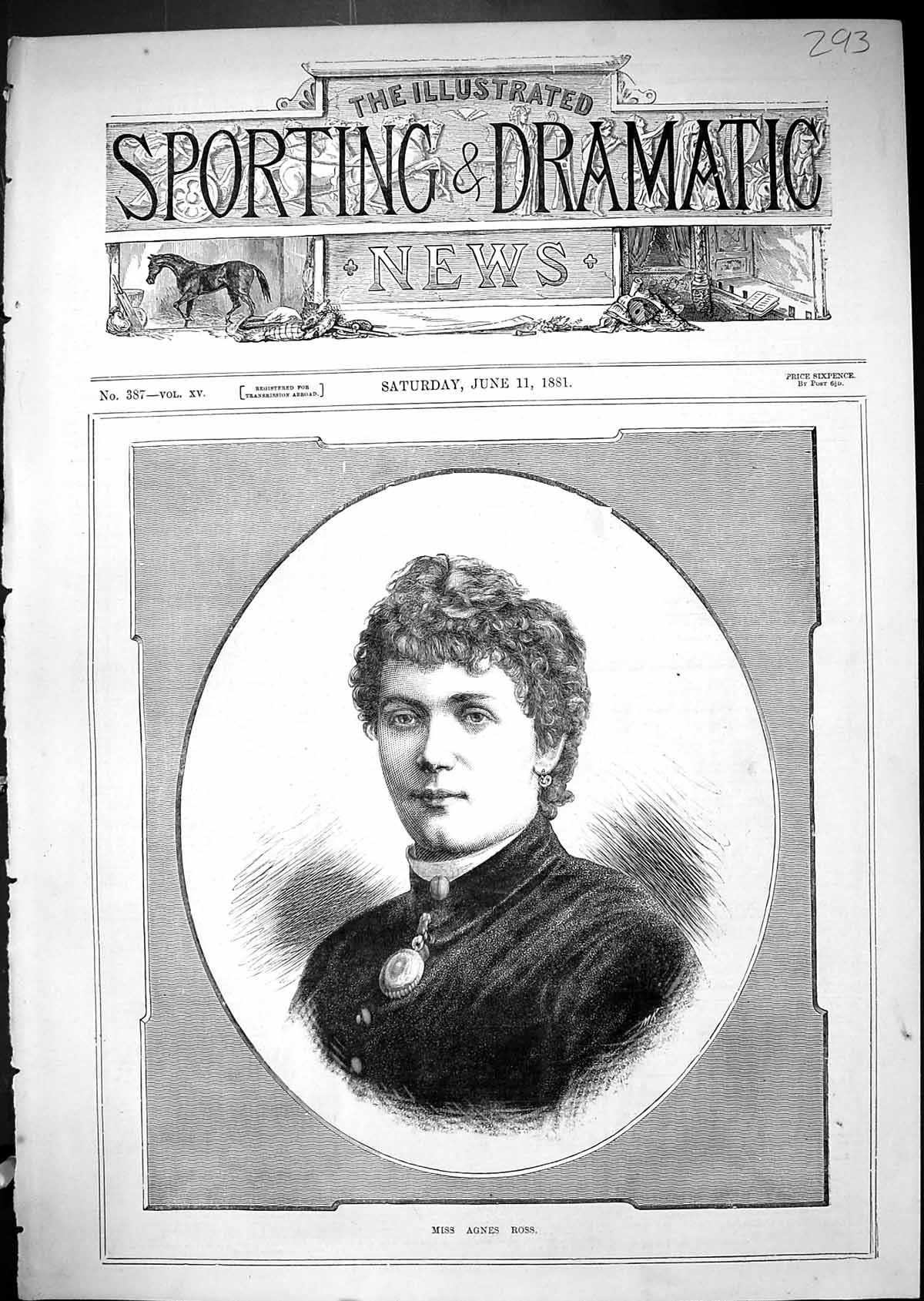 Original Old Antique Print Portrait Miss Agnes Ross Beautiful Woman 1881 19th