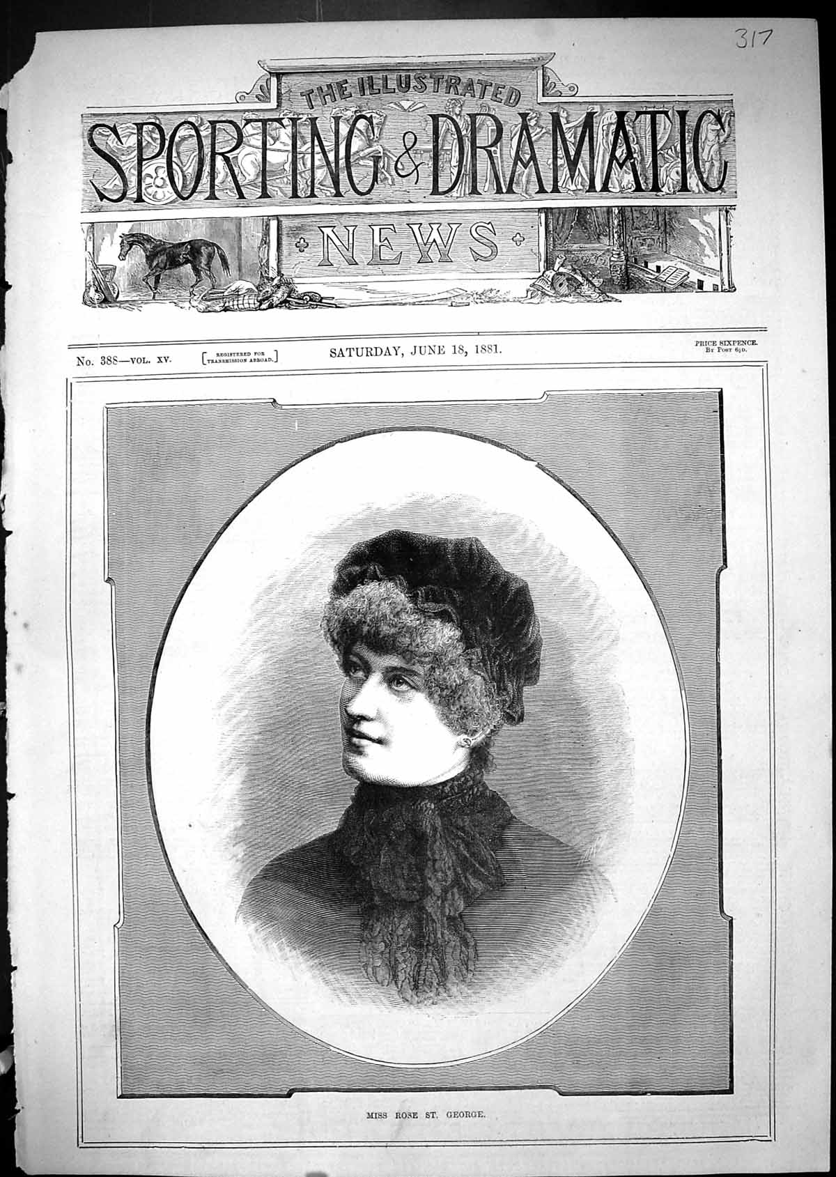 Original Old Antique Print Portrait Beautiful Woman Miss Rose St. George 1881