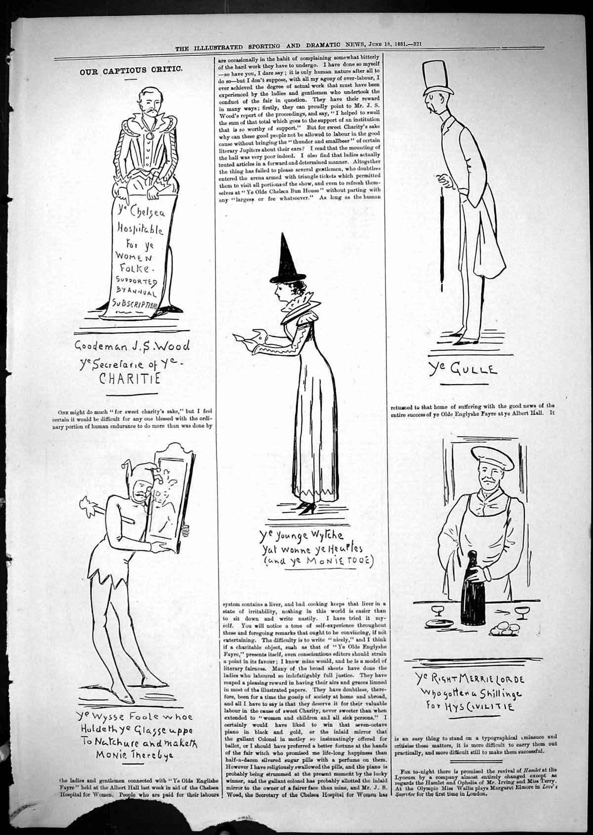 Original Old Antique Print 1881 Captious Critic Charity Chelsea Hospital Gulle