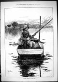 Antique Old Print 1881 Thames River Angling Man Boat Man Fishing Swain Teller