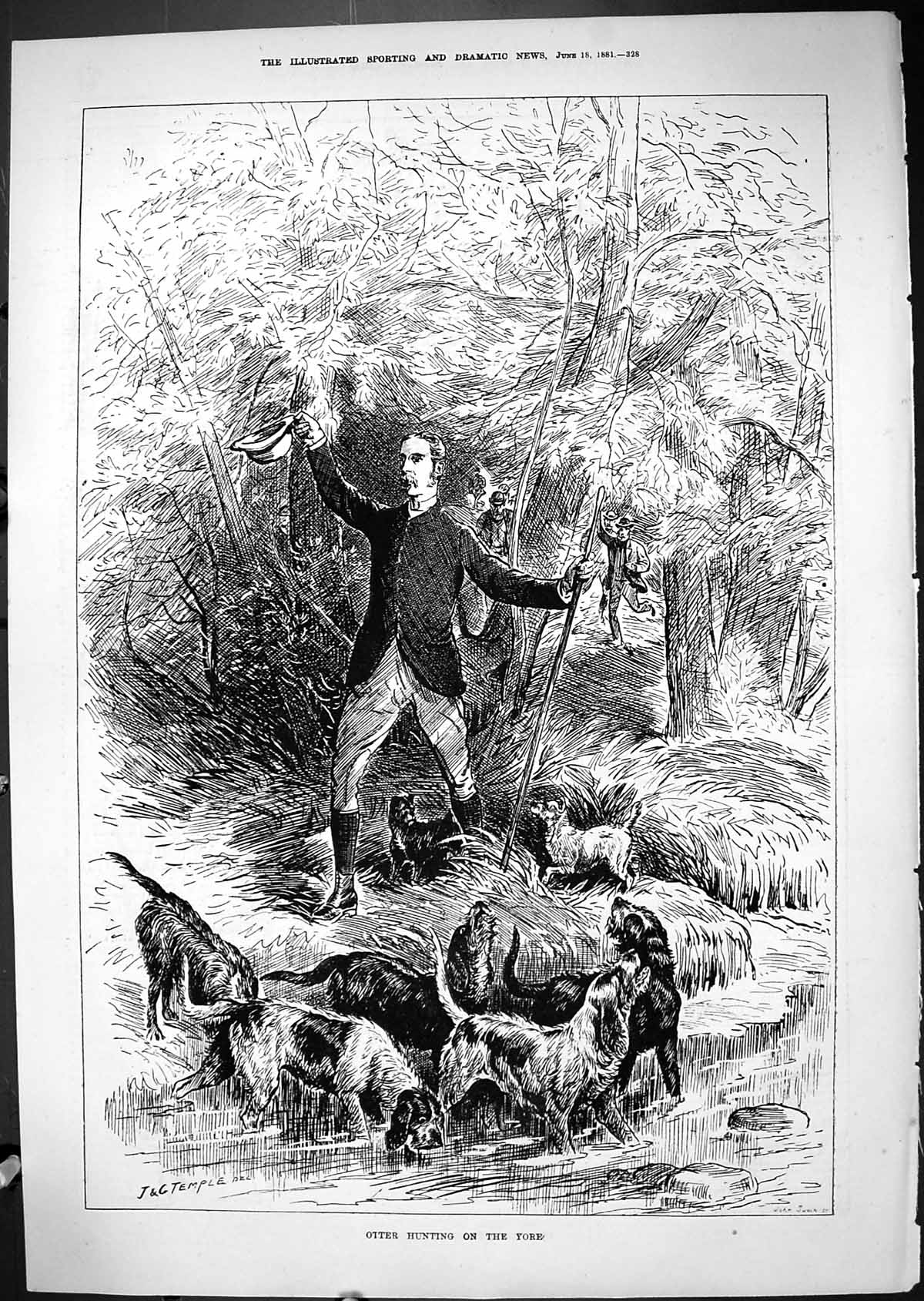 Original Old Antique Print 1881 Otter Hunting River Yore Dogs Sport Huntsmen