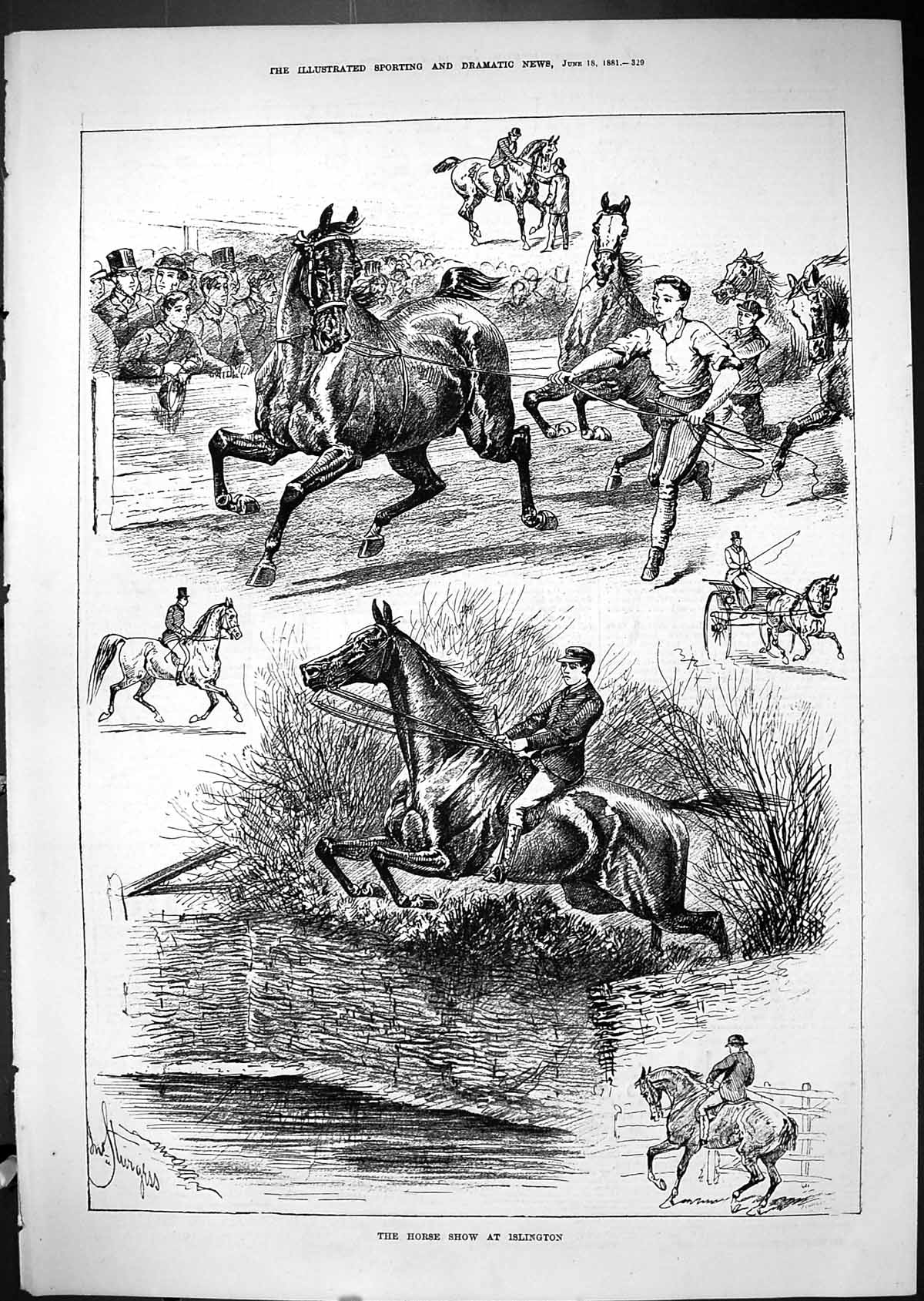 Old Print 1881 Horse Show Islington Steeplechase Jumping Jockeys Trainer 19th