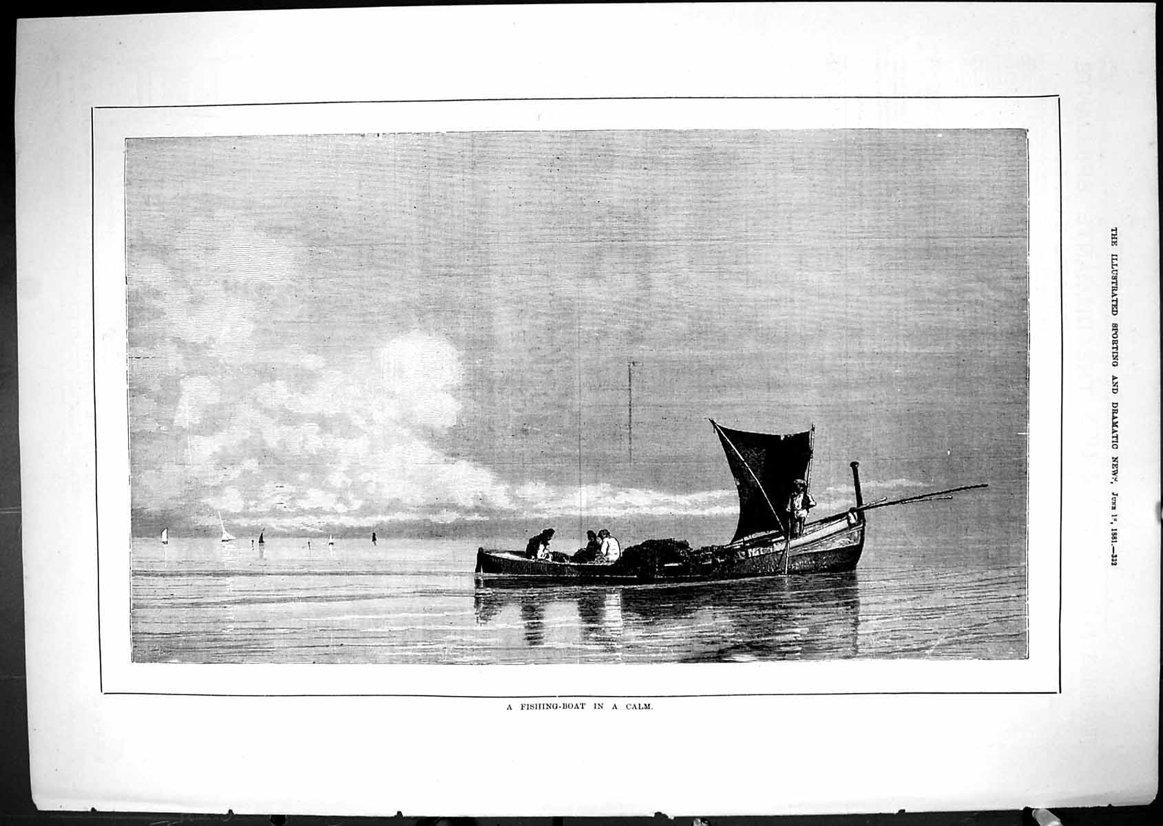 Original Old Antique Print 1881 Fishing Boat Calm Sea Angling Anglers Victorian