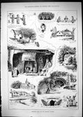 Antique Old Print 1881 English Village Man Fireside Church River Water Wheel