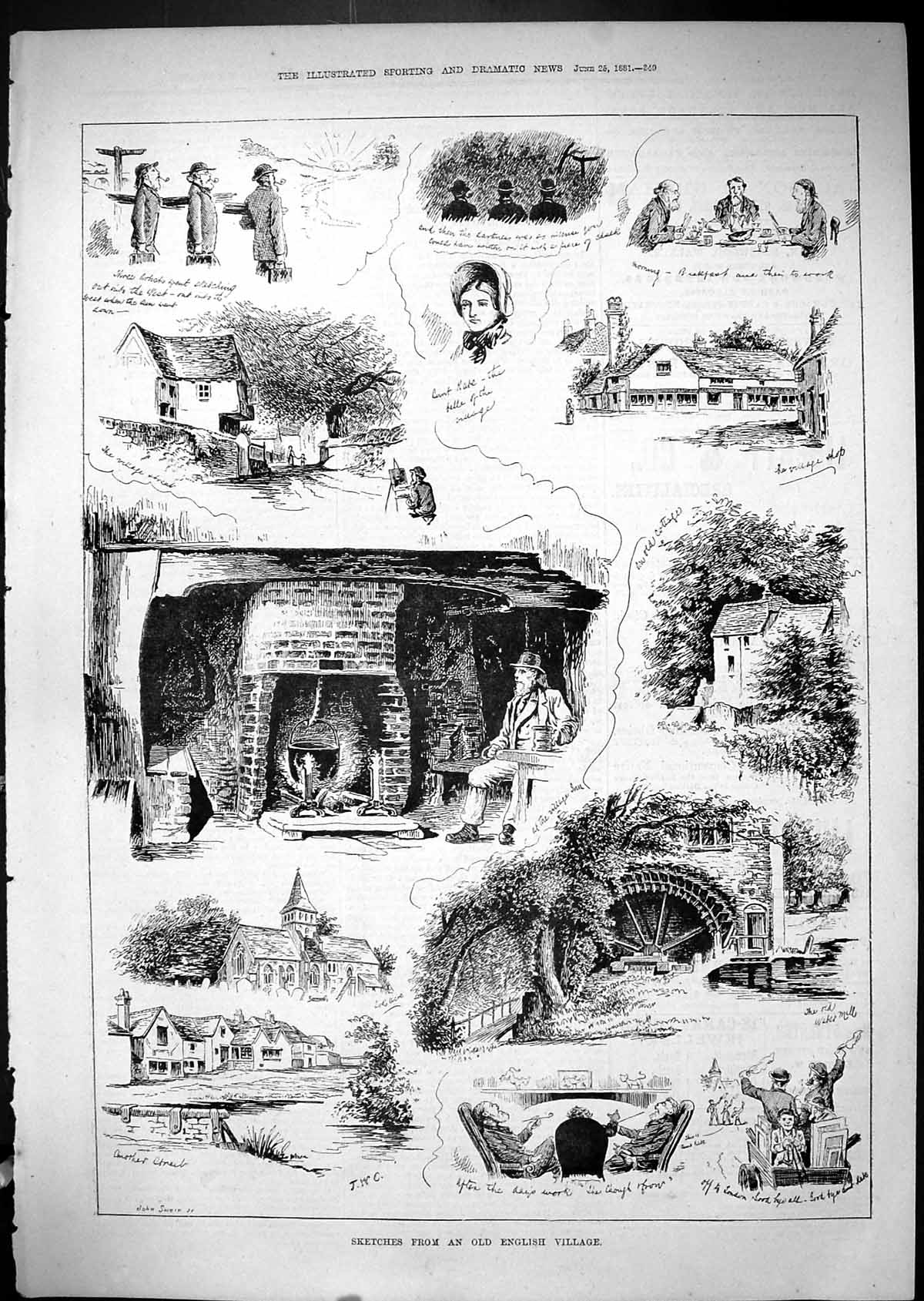 Antique Old Print 1881 English Village Man Fireside Church River Water Wheel