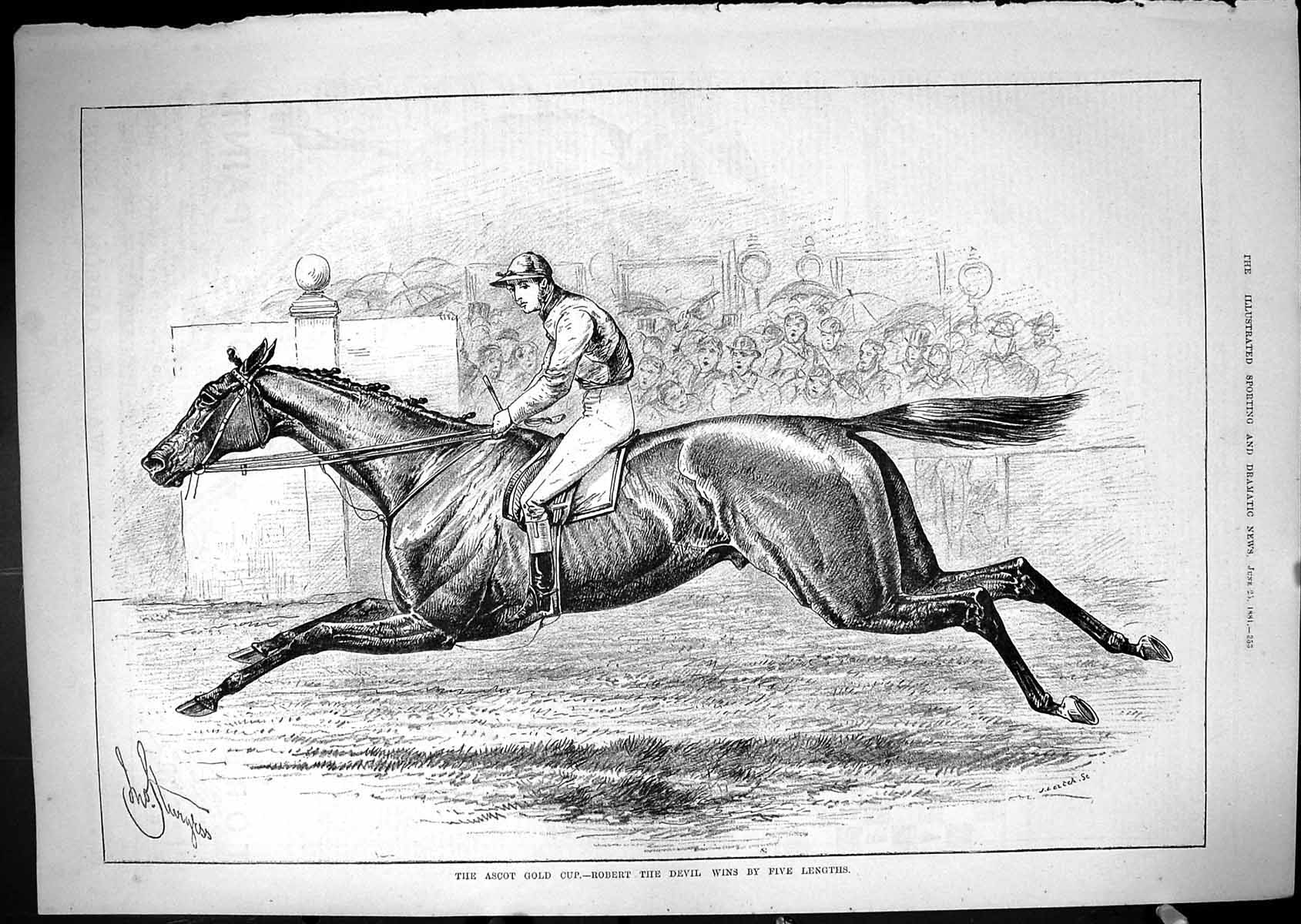 Original Old Antique Print 1881 Ascot GCup Robert The Devil Horse Jockey Sport