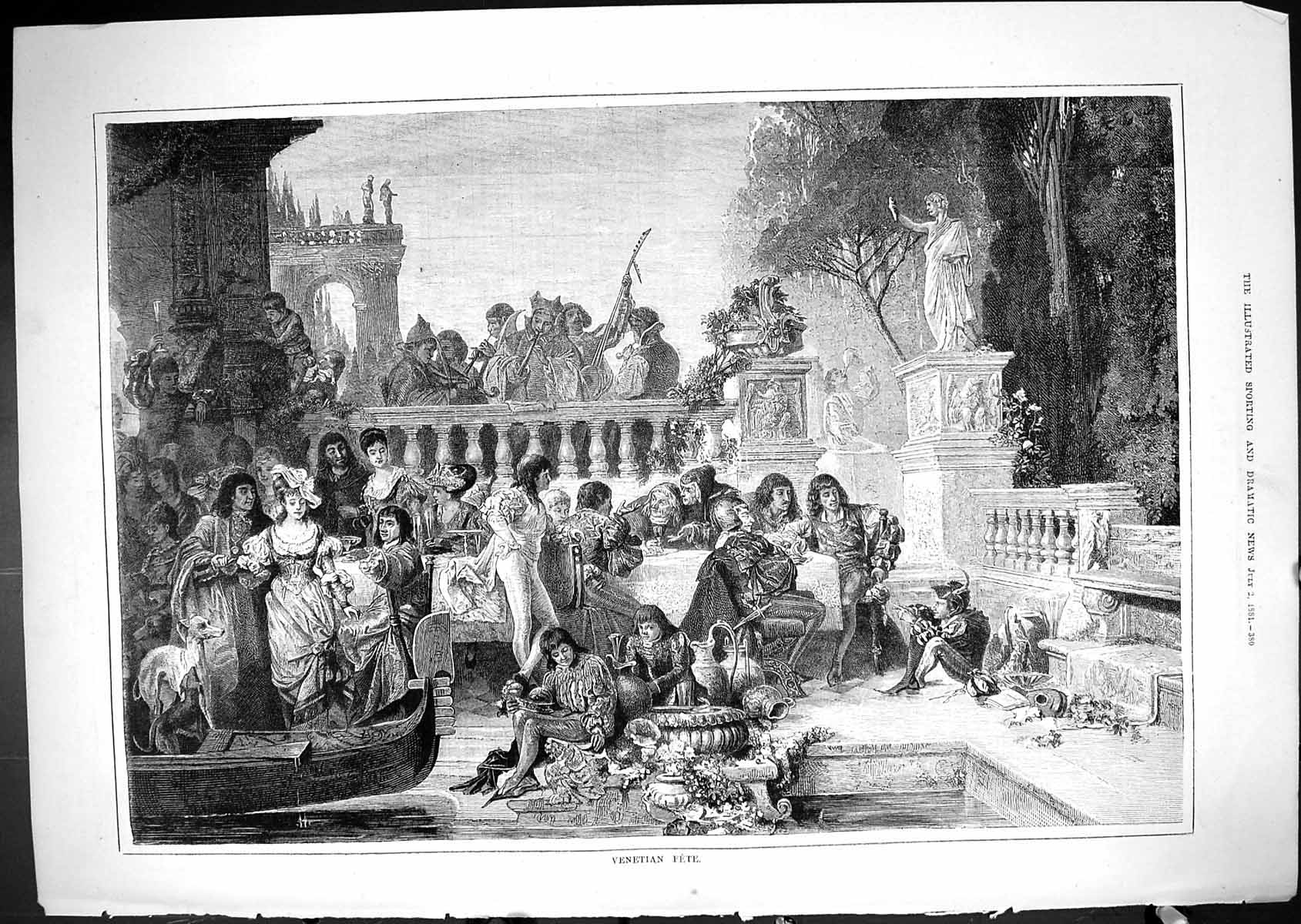 Original Old Antique Print 1881 Venetian Fete Entertainment Music Italy 19th