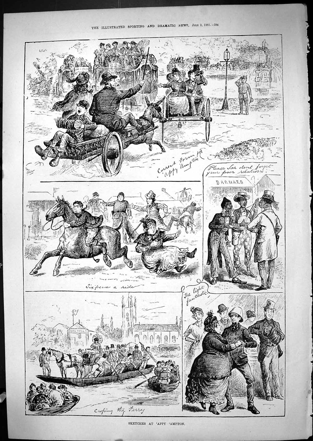 Old Antique Print 1881 Appy Ampton Donkey Horses Cart Crossing Ferry Boat 19th